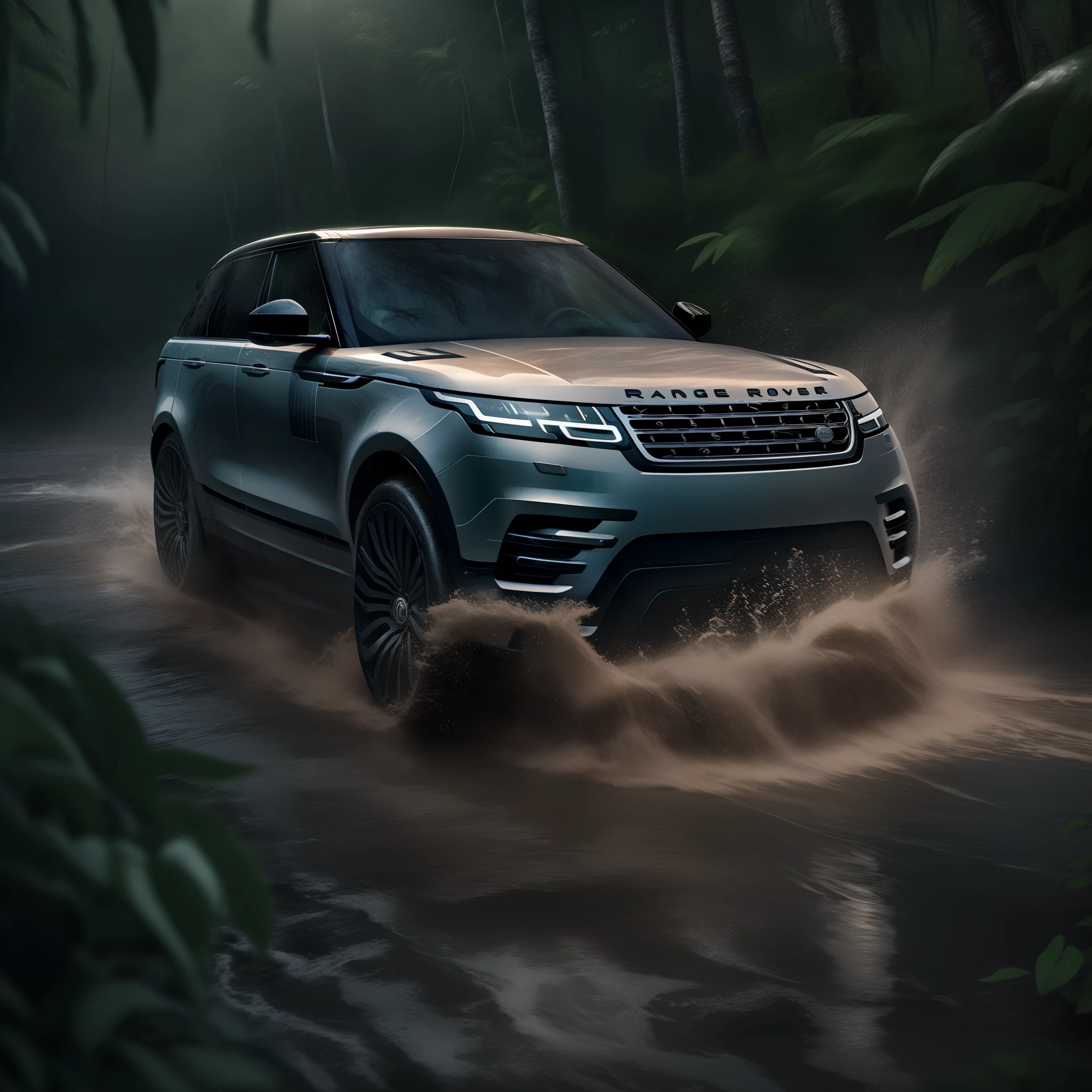 A cinematic photorealistic color digital drawing of Range Rover Velar HSE rushing and splashing at night in the Borneo Tropical Jungle, extreme modified and styled by Kahn Design, insanely detailed and intricate, crisp sharp and clear, volumetric lighting, ultra-high resolution, masterpiece hyper realistic artwork Frank Bellamy, centered, Professional color grading by Kenneth Hines Jr.