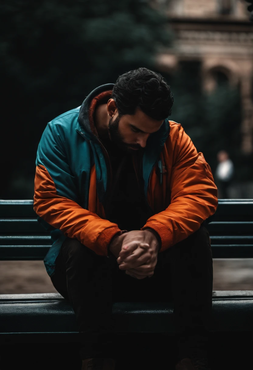 Imagen de una persona sentada en un banco en un parque. The person is looking down at the ground, con el rostro tenso y preocupado. His hands are clenched and his shoulders are tense..]