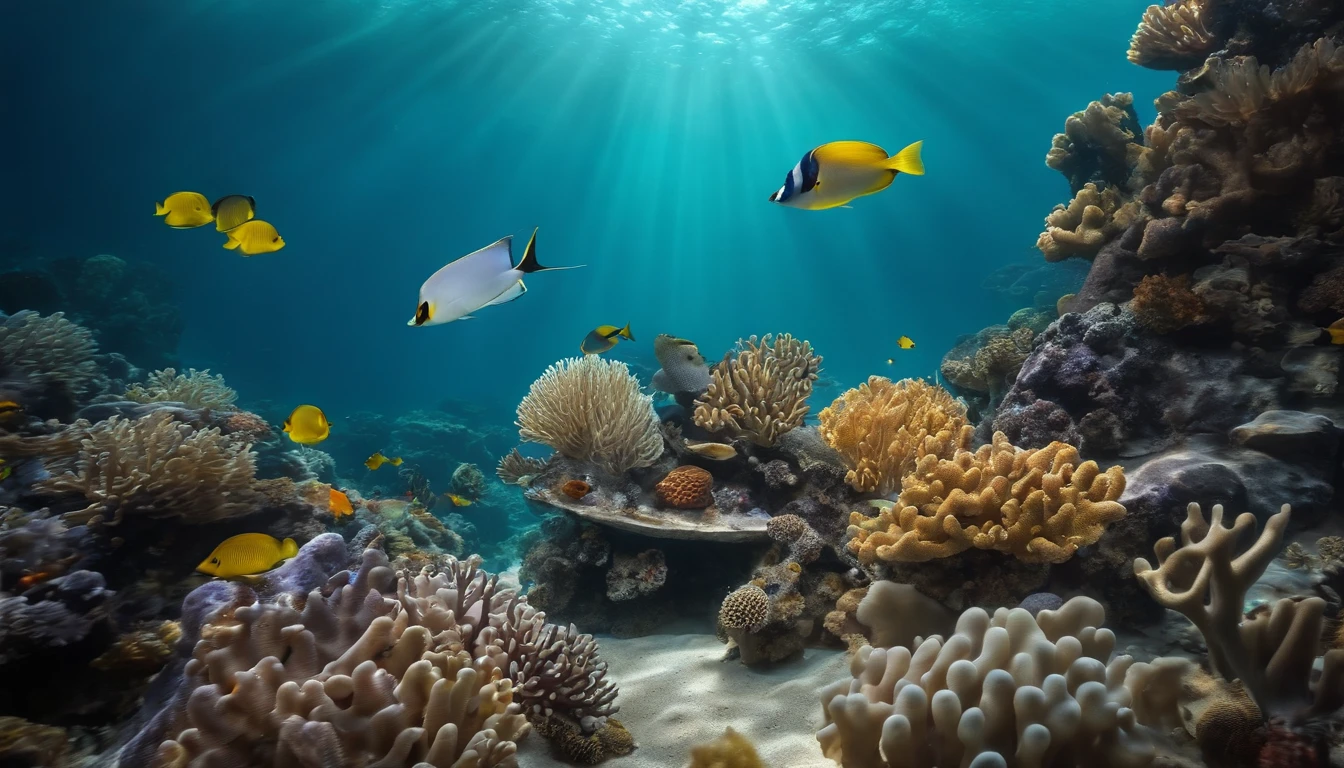 Cinematic lighting, Glowing light, Masterpiece, ccurate, Super detail, High quality, Award-Awarded，Marine life hovering in the sea，Migratory marine animals，Underwater world，There are a large number of coral reef stones