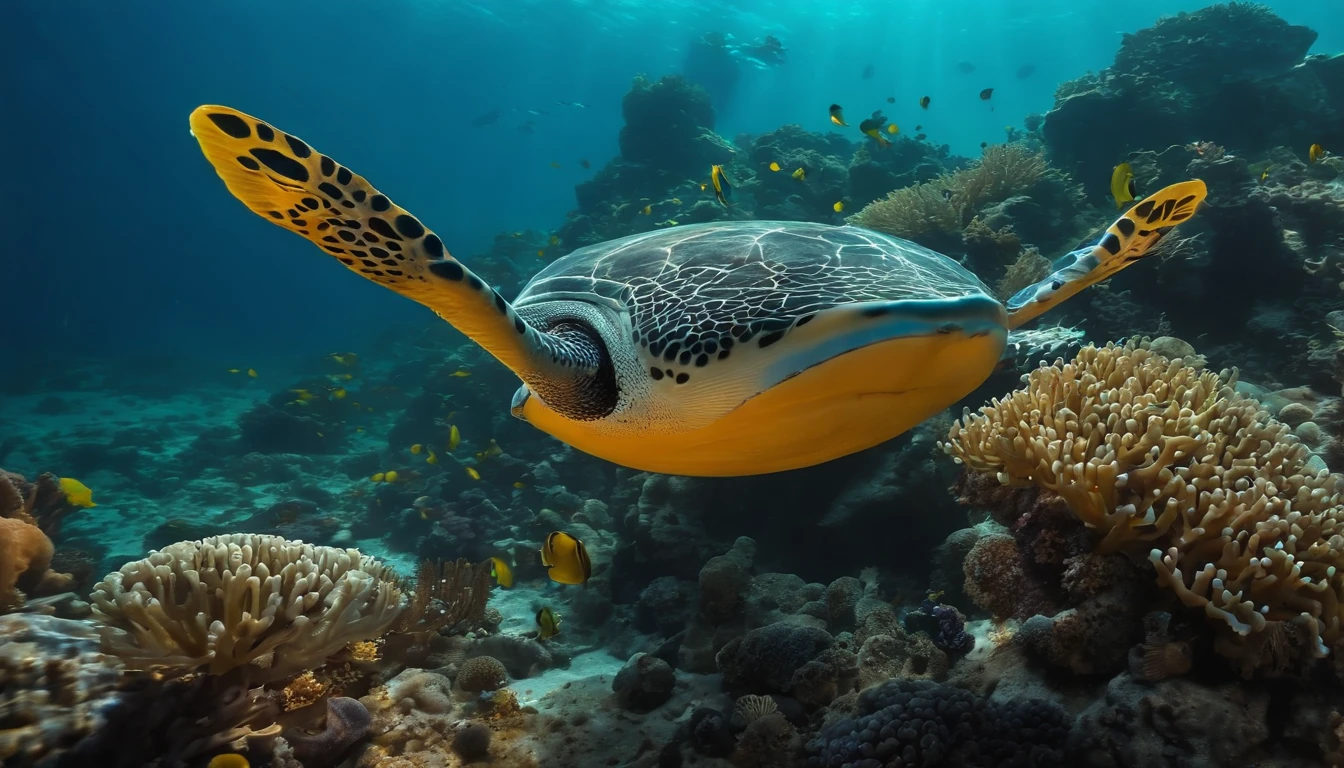 Cinematic lighting, Glowing light, Masterpiece, ccurate, Super detail, High quality, Award-Awarded，Marine life hovering in the sea，Migratory marine animals，Underwater world，There are a large number of coral reef stones