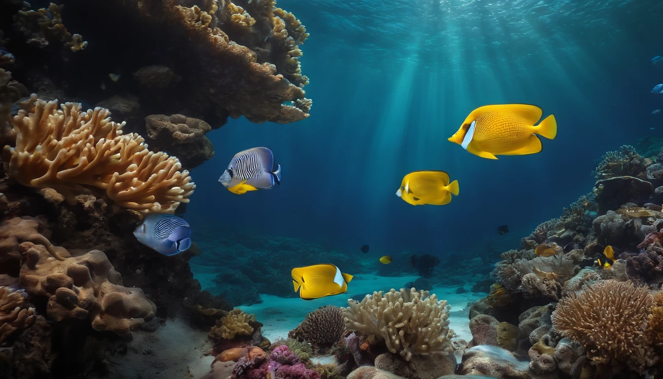 Cinematic lighting, Glowing light, Masterpiece, ccurate, Super detail, High quality, Award-Awarded，Marine life hovering in the sea，Migratory marine animals，Underwater world，There are a large number of coral reef stones