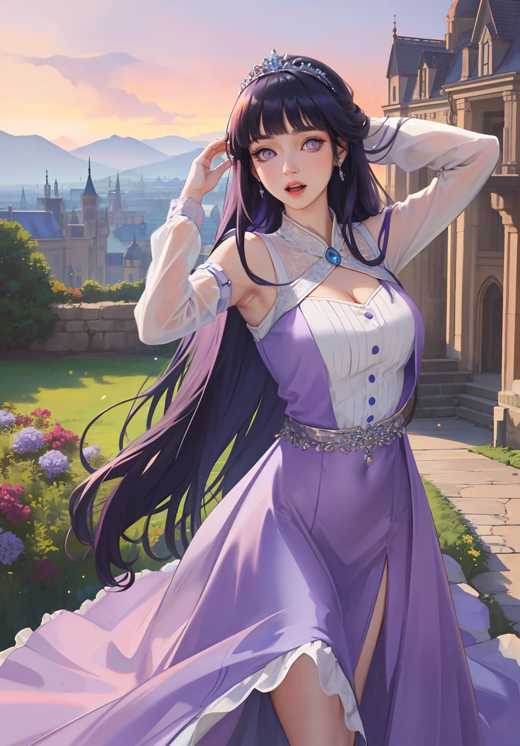 (RapunzelWaifu:1), surprised, beautiful pose, looking at the viewer, thick thighs, (long soft purple dress:1.2), (very very long hair, tiara) :D,curvy,
(realistic: 1.2), (realism), (masterpiece: 1.2), (best quality), (ultra detailed), (8k, 4k, intricate), (full-body-shot: 1), (Cowboy-shot: 1.2), (85mm), light particles, lighting, (highly detailed: 1.2), (detailed face: 1.2), (gradients), sfw, colorful, (detailed eyes: 1.2),
(detailed landscape, garden, plants, castle: 1.2), (detailed background), detailed landscape, (dynamic angle: 1.2), (dynamic pose: 1.2), (rule of third_composition: 1.3), (line of action: 1.2), wide shot, daylight, soil, Blunt Bangs, purple eyes,dark blue hair