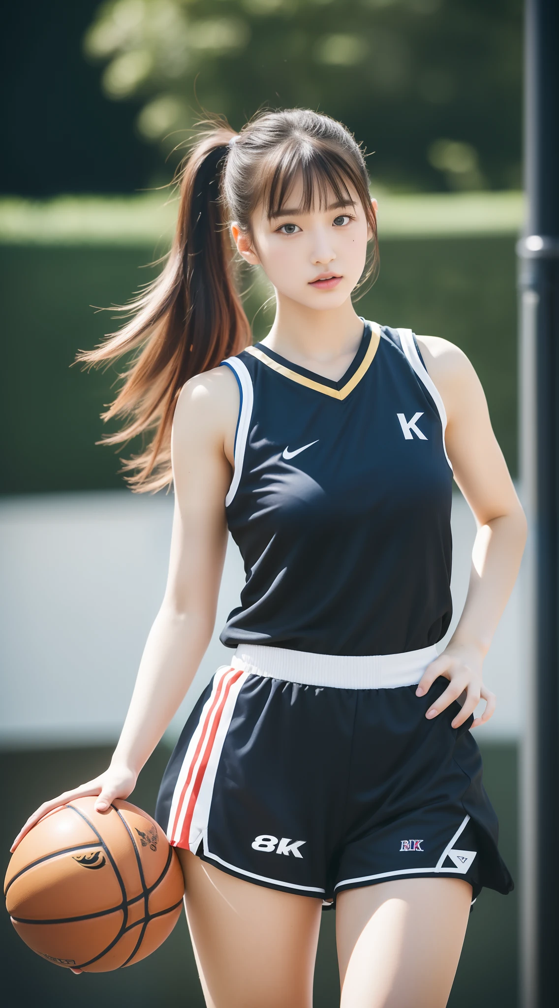 ((8k:1.27), best quality, masterpiece, golden ratio, ultra highres:1.2) Photo of cute idol girl (beautiful:1.1) (sci-fi warrior woman:1.1), cute japanese girl, 18 years old, fantasy, detailed, sport photography, Hasselblad camera, depth of field, random hair, random hair color, solo girl, 1 girl, big breast: 1.5, rounded breast, full body photography, basketball school uniform, play basketball, hold basketball