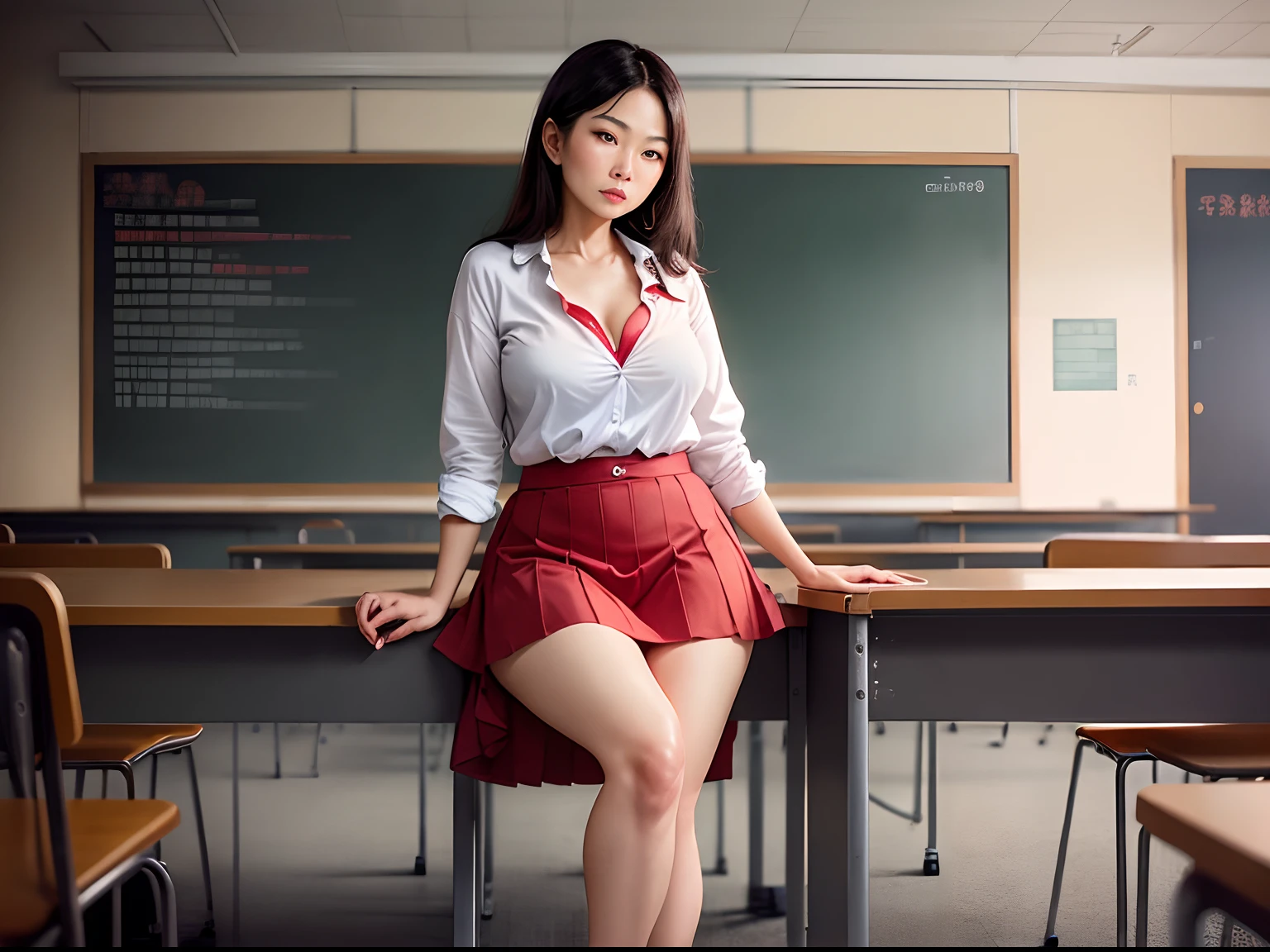 ((RAW, analog style)), 54 year old beautiful asian female high school teacher in a university lecture room near chalkboard, (red button-up cleavage shirt), soft long slitted red skirt, long legs, sensible shoes, perfect proportions, natural dawn light, students in the background, wide shot