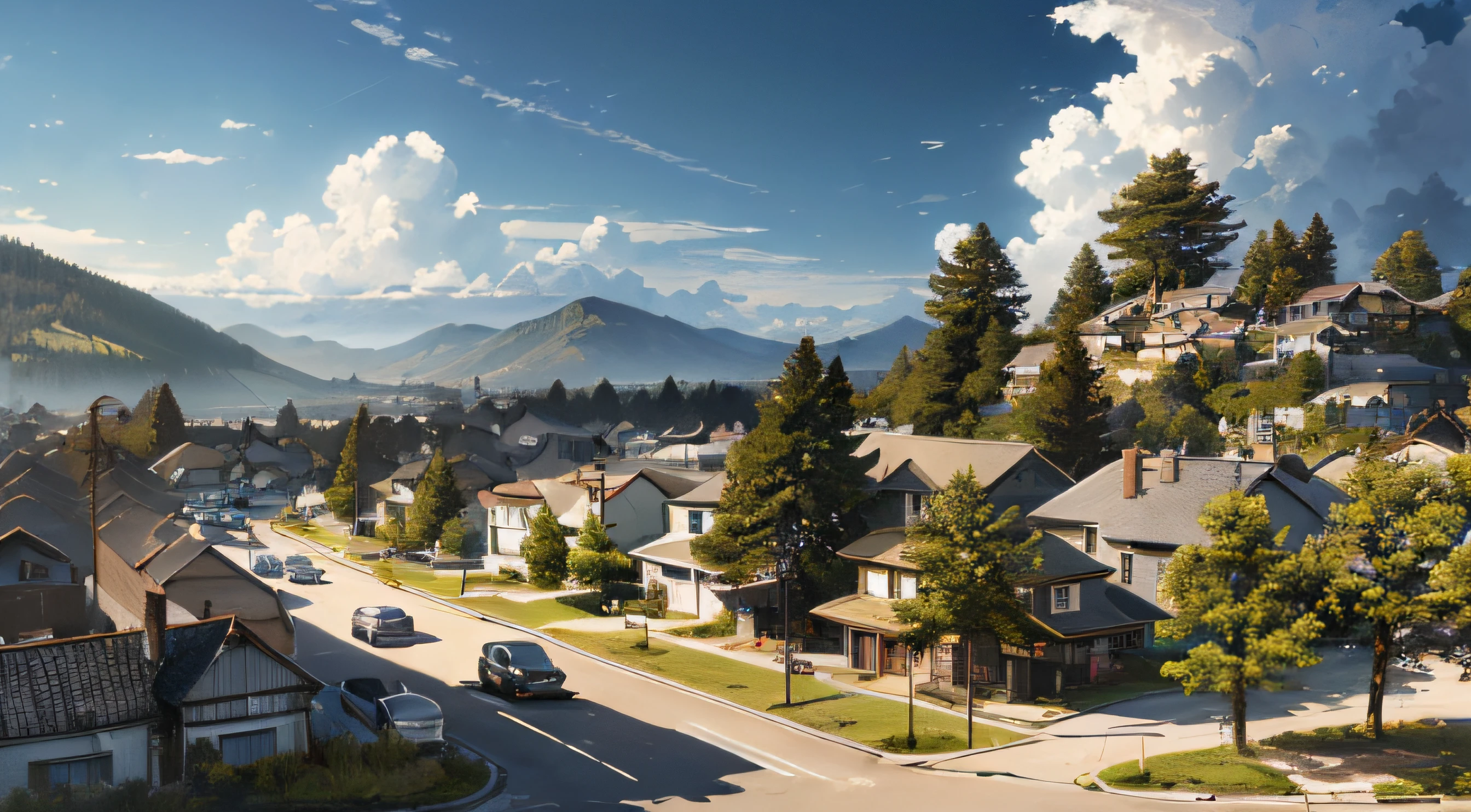 ((masterpiece: 1.3)),((best quality)),((high detail)),((realistic, panoramic)) ((ultra-detailed:1.3)) landscape of a bustling town near the coast, aerial view, beautiful sky, deformed clouds, 1.3:pine trees, Restaurants, grocery stores, and crowded people
