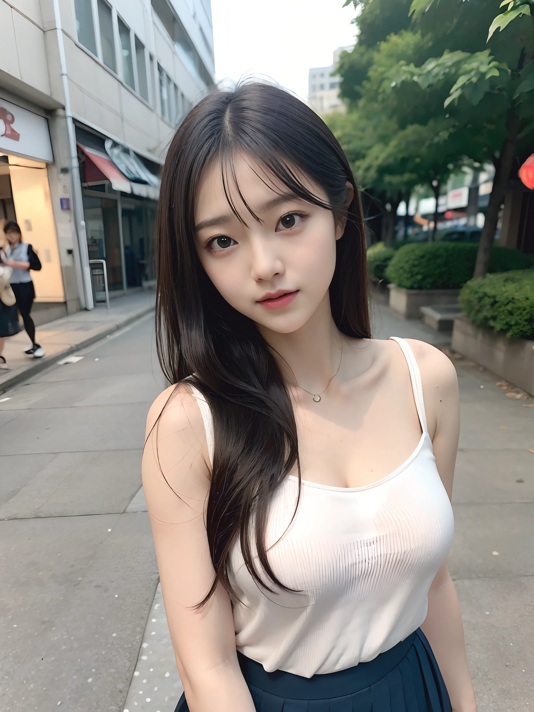pedestrian walkway,RAW photos,8K,HighestQuali, 超高分辨率,Beautiful face details,Real human skin,A happy expression,up front view,From the angle below,Long hair with a shawl,realisticlying,realisticlying,adolable,short skirt,Stand deep in the city,cute female student,Japanese schoolgirl uniform,Wearing a Japanese school uniform,Surreal high school girl,full bodyesbian,Flowers in hand