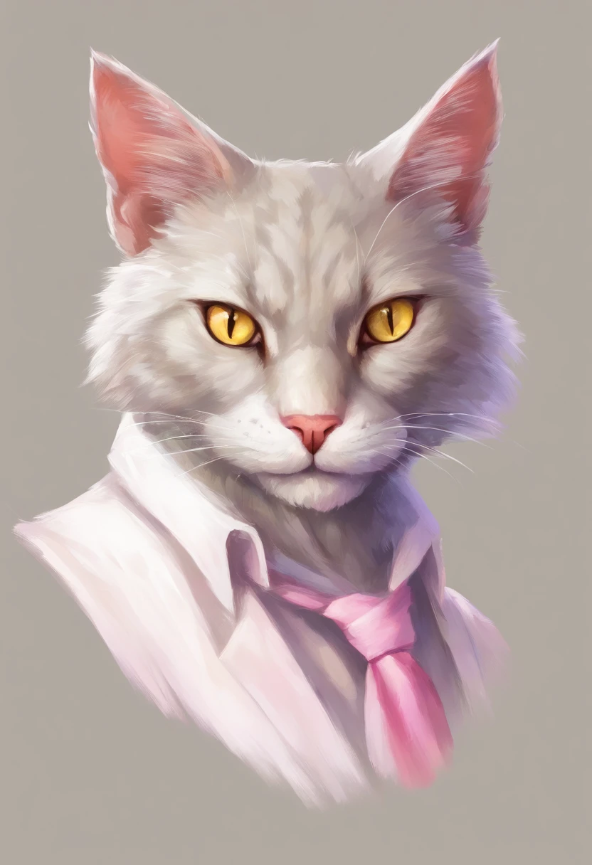 anthropomorphic cat, grey fur, yellow cat eyes, a rip in his ear, simple white shirt, pink paw pads, soft expression, gentle smile, tall