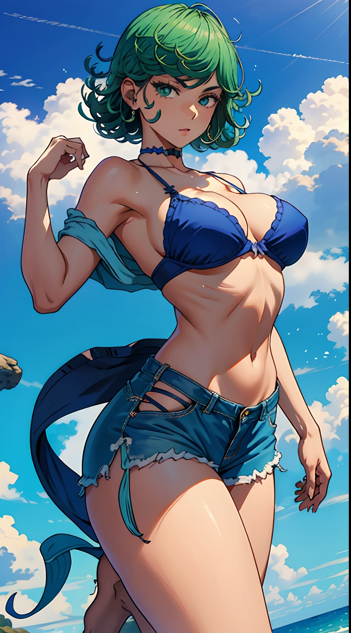 (obra-prima, melhor qualidade: 1.2), Tiroteio de Cowboy, sozinho, 1girl, Tatsumaki, luxurioso, boca fechada, olhando para o espectador, neste, quadris largos, Huge breasts with bra with neckline, shorts curtos, Tanga, Agachamentos, pernas abertas, blue skies, Erotic,