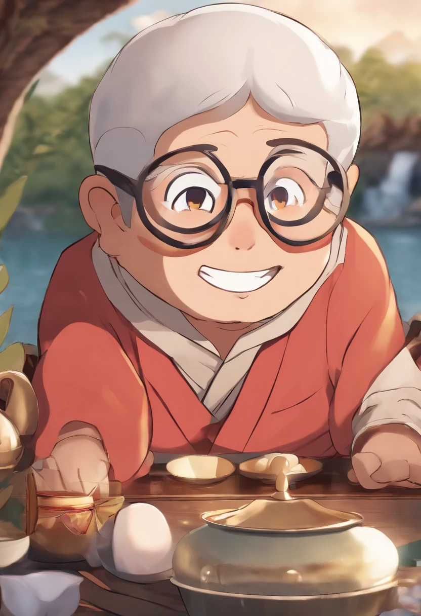 Plump uncle with big round glasses without cartoonish hair Charming60generation no hair at all I'm smiling Maruboshi japanes
