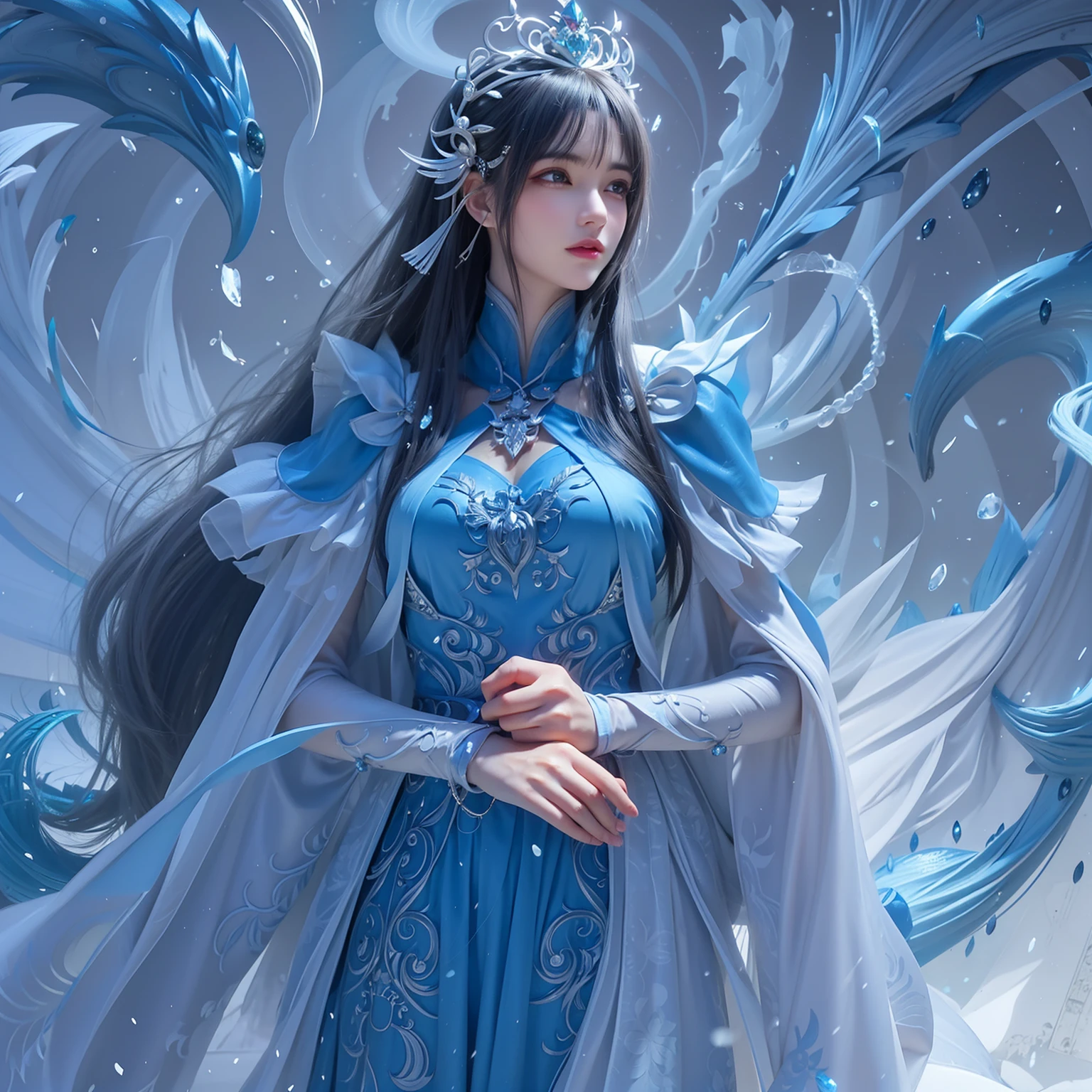 There was a woman in a blue dress and a white cape, ice sorceress, beautiful fantasy art, Fantasy art style, Fantasy art Behance, xianxia fantasy, detailed fantasy digital art, a beautiful fantasy empress, queen of ice and storm, very beautiful fantasy art, digital fantasy art ), goddess of winter, Ice Queen, High quality fantasy art,water sprites
