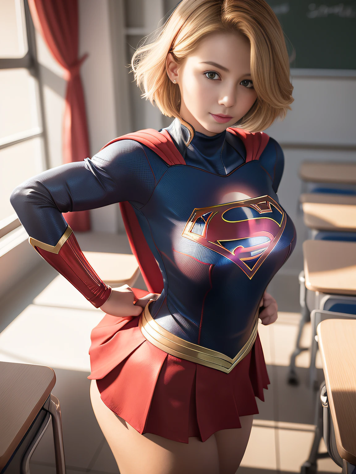 ​masterpiece、Short-haired Supergirl transforming in school classroom、large full breasts、Looking at the camera、Glossy costume、Crotch、Red Super Mini Pleated Skirt、Straddling a desk barefoot with legs wide open、