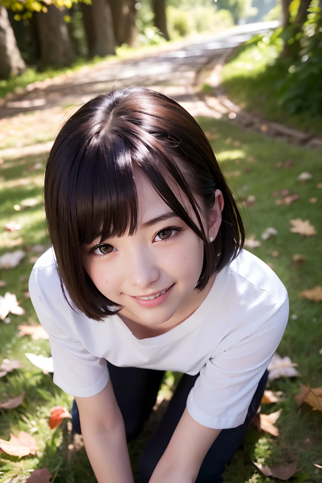 (top-quality、8K、32K、masuter piece、nffsw:1.2)、Cute Japan Girl、1人、short-hair、profile、(slim figure:1.2)、(s lips) 、(Black hair)、二重まぶた、shinny skin、Realistic rays、mare、beauitful face、(A smile:1.3)、crouching down、(From above:1.2)、(a closeup:1.4)、white t-shirts、Forest of autumn leaves、blurry backround、(Front Focus)、(Dark: 1.6)、Fantasy Art、photoRealstic、Professional Lighting、extra detailed face、Award-winning、deep-shadows、