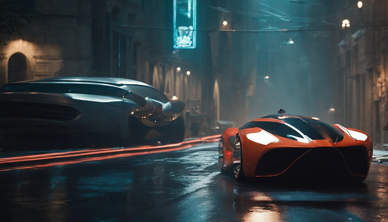 (Best quality, high resolucion, Ultra-detailed), Vue large d'une voiture dans une ruelle de la ville la nuit, ((Futuristic retro city)) Futuristic preview of the product car, Voiture futuriste, Bladerunner Voiture, Voitures futuristes, Monolithic retro futuristic, Concept-car futuriste, Concept de voiture futuriste, Concept-car, Voiture vintage futuriste, ((voiture couleur vintage)) Voiture de science-fiction, very futuristic, Beeple et Jean Giraud, Avant-garde 8K wallpaper, ultra realist, Next to the car is a 30-year-old man dressed as a murderer., menacing standing, ((homme tenant un katana)), assassin costume, Detailed face and expression, Dark and mysterious atmosphere, mise au point nette, professionnel, concept style artiste, ombres subtiles, menacing eyes, expression sinistre, Tenue et capuche noires, Military armor parts, Flickering light from candles, dramatic lighting, Position mortelle, Contexte sinistre, Emphasis is on fine details, pose dynamique, Strong presence of character, contrast, depth of field, cinematic lighting, ray tracing, god rays, wide shot, vanishing point, from below, Wide-Angle, 8k, award winning