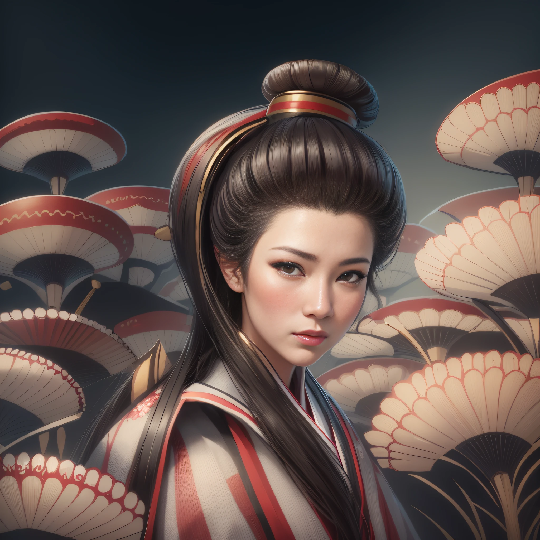 Painting of a woman in a kimono outfit standing in a field of flowers, a beautiful artwork illustration, Retrato de uma gueixa bonita, Retrato da gueixa, Gueixa da beleza, exquisite digital illustration, female geisha girl, Retrato de uma gueixa, bela arte digital, in illustration style digital, Beautiful digital illustration, Gueixa habilidosa dos japoneses, gueixa japonesa.