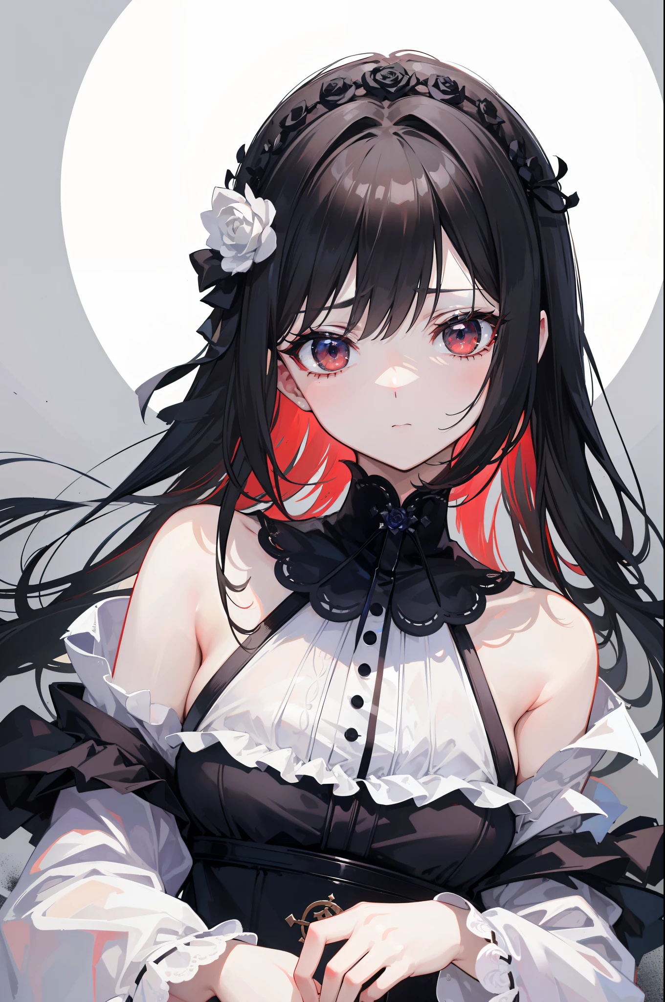 Background white、white backgrounid、(top-quality、in 8K、​masterpiece:1.3)、 Highly detailed facial and skin texture、full body Esbian、｛Very delicate red fishing eyes｝、二重まぶた、de pele branca、(with round face:1.5)、A dark-haired、Beautie、｛A dark-haired、bobhair}、｛bobhair}、gothic atmosphere、｛Black rose hair accessories on left and right of head｝