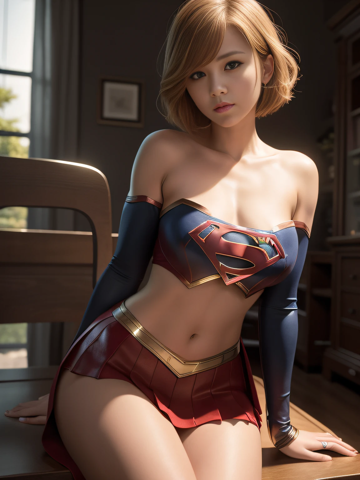 ​masterpiece、Short-haired Supergirl sitting on bed showing off the soles of her feet to the camera、large full breasts、Looking at the camera、Glossy costume、bare-legged