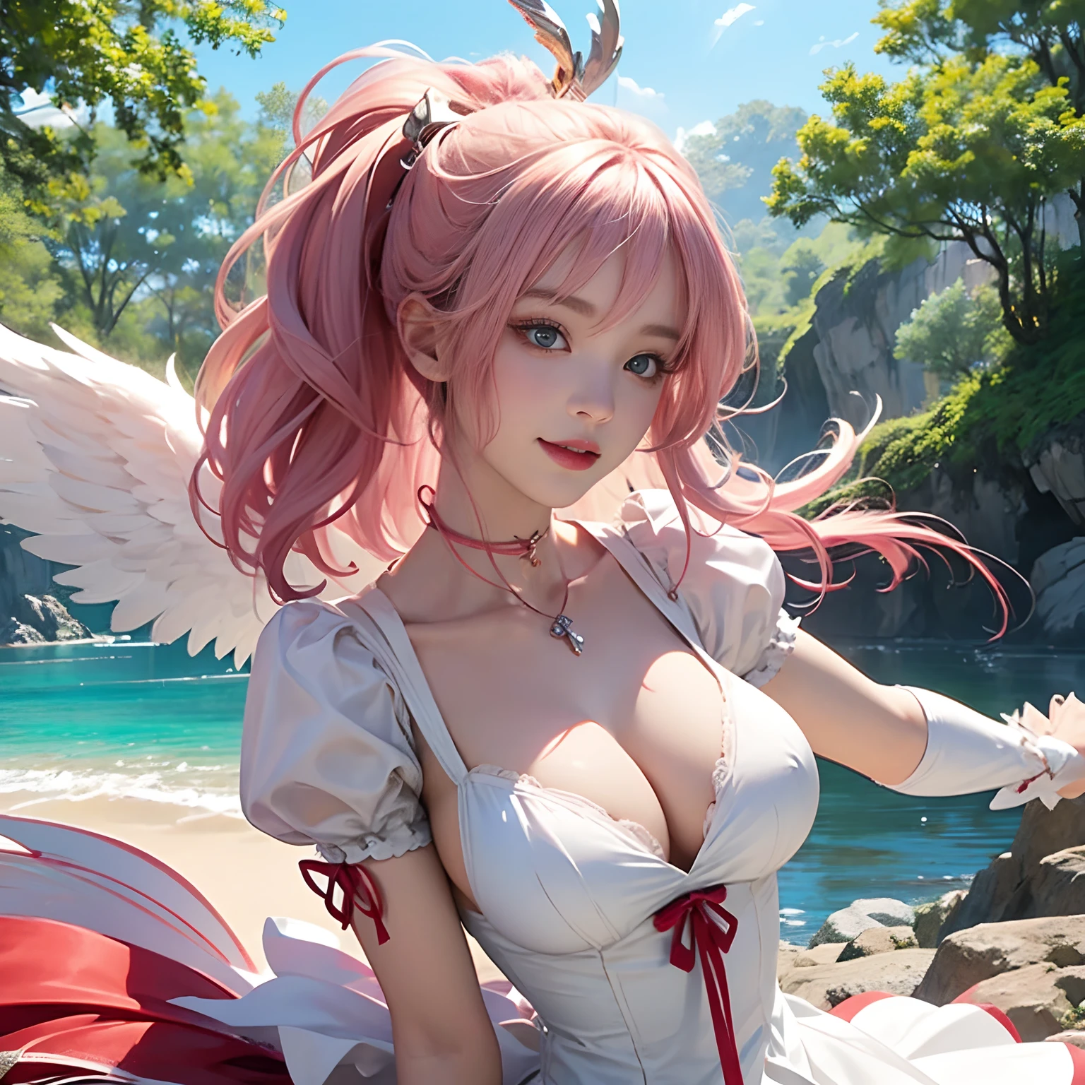 Women in Their 20s、fantasy worlds、offcial art, unity 8k wall paper, ultra-detailliert, beautifly、Aesthetic, ​masterpiece, top-quality, Photorealsitic、A hyper-realistic、Beautuful Women、detailed costume、depth of fields, Fantastic atmosphere, Calm palette, tranquil mood, Soft shading、Soft skin、very large breast、Mischievous smile、a female angel、the presence of swan feathers on the back,,,、Cupid the Woman、Bow and arrow with heart symbol:2.0、Red heart-shaped arrowhead:2.0、On a large tree:1.6、dynamicposes、Floating in the sky、Composition examination、Light White Costume、Light pink hair、Twin-tailed、Red ribbons