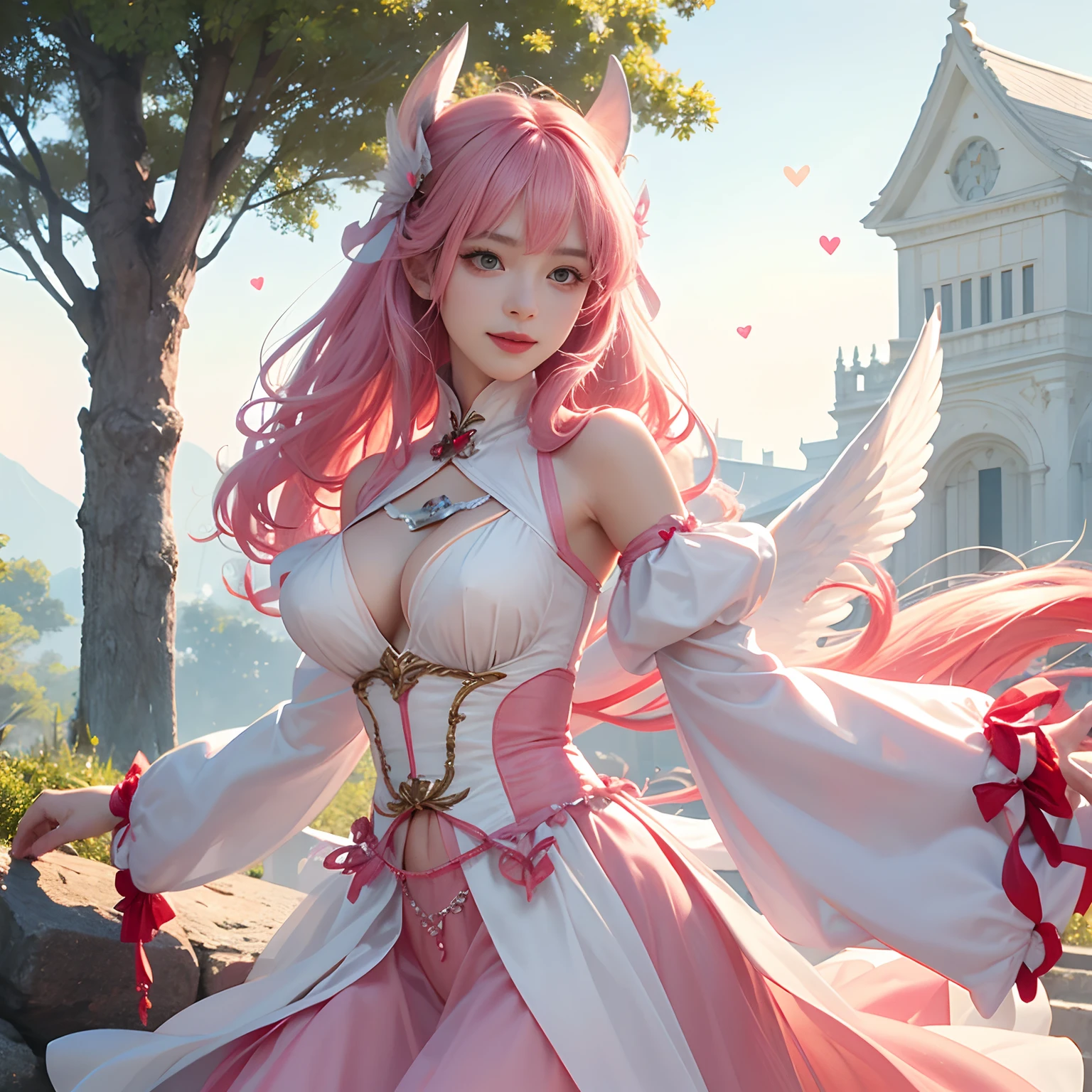 Women in Their 20s、fantasy worlds、offcial art, unity 8k wall paper, ultra-detailliert, beautifly、Aesthetic, masterpiece, top-quality, Photorealsitic、A hyper-realistic、Beautuful Women、detailed costume、depth of fields, Fantastic atmosphere, Calm palette, tranquil mood, Soft shading、Soft skin、very large breast、Mischievous smile、a female angel、the presence of swan feathers on the back,,,、Cupid the Woman、Bow and arrow with heart symbol:2.0、Red heart-shaped arrowhead:2.0、On a large tree:1.6、dynamicposes、Floating in the sky、Composition examination、Light White Costume、Light pink hair、Twin-tailed、Red ribbons