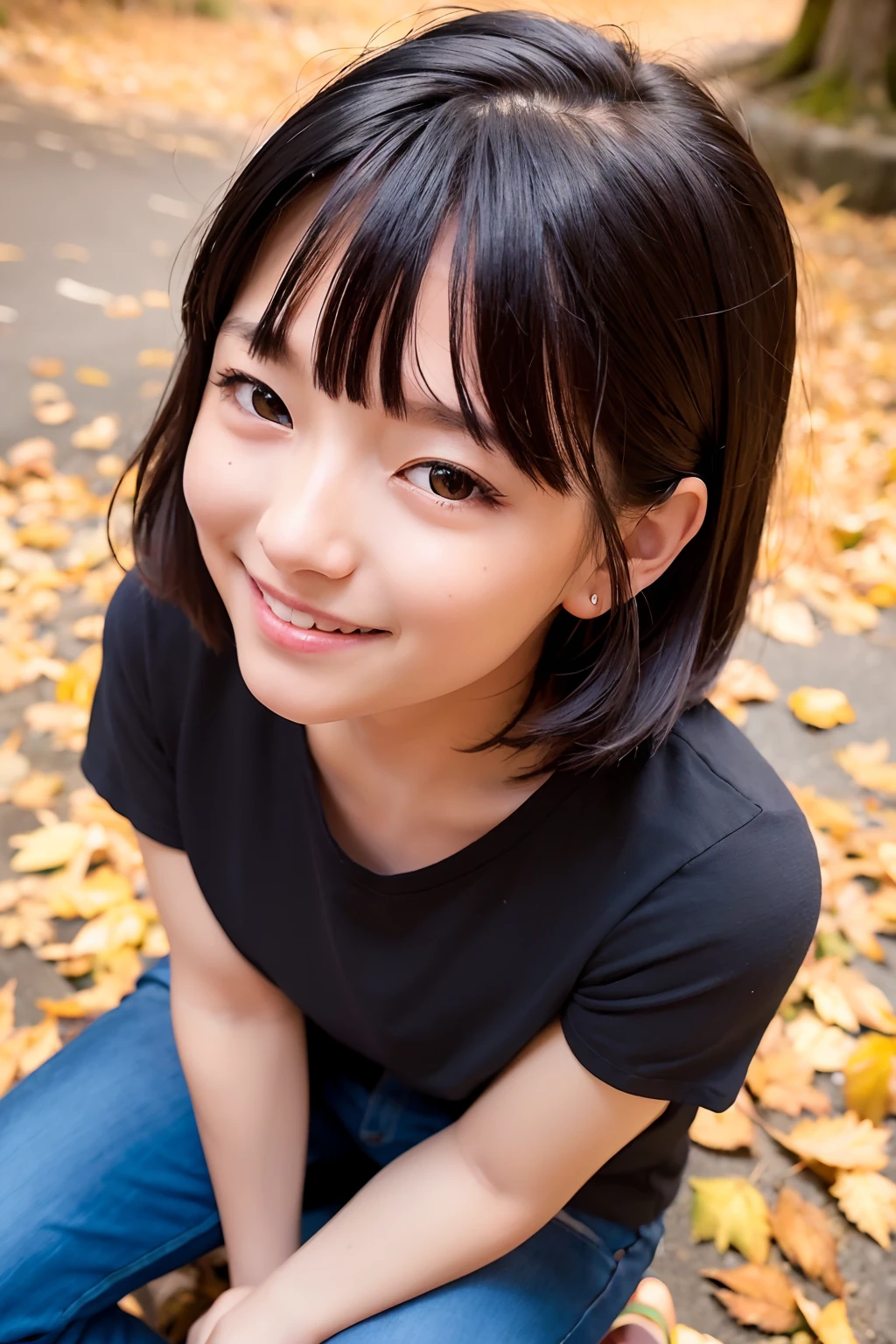 (top-quality、8K、32K、masuter piece、nffsw:1.2)、Cute Japan Girl、1人、short-hair、profile、(slim figure:1.2)、(s lips) 、(Black hair)、二重まぶた、shinny skin、Realistic rays、mare、beauitful face、(A smile:1.3)、crouching down、(From above:1.2)、(a closeup:1.4)、white t-shirts、Forest of autumn leaves、blurry backround、(Front Focus)、(Dark: 1.6)、Fantasy Art、photoRealstic、Professional Lighting、extra detailed face、Award-winning、deep-shadows、
