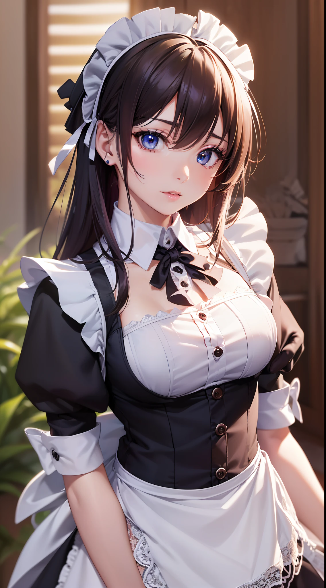 Meisterwerk, (realistisch), high-res, hochdetailliert, kompliziert, Beautiful women, rote Haare, blaue Augen, Sommersprossen, detailliertes Gesicht, maid outfit, looking at viewer, showing boobs, smile, massiv boobs, in Cafe, serving you, lehnen