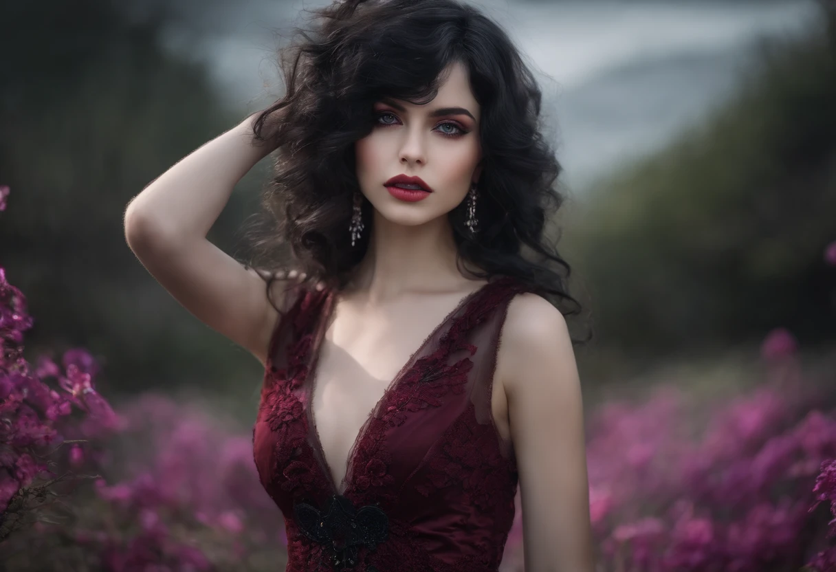 1girl, Cabello largo y negro, ojos grises, inexpresivo, Orejas puntiagudas, small breasts, Altura corta, ta gothic dress, sentado en el suelo, descalza