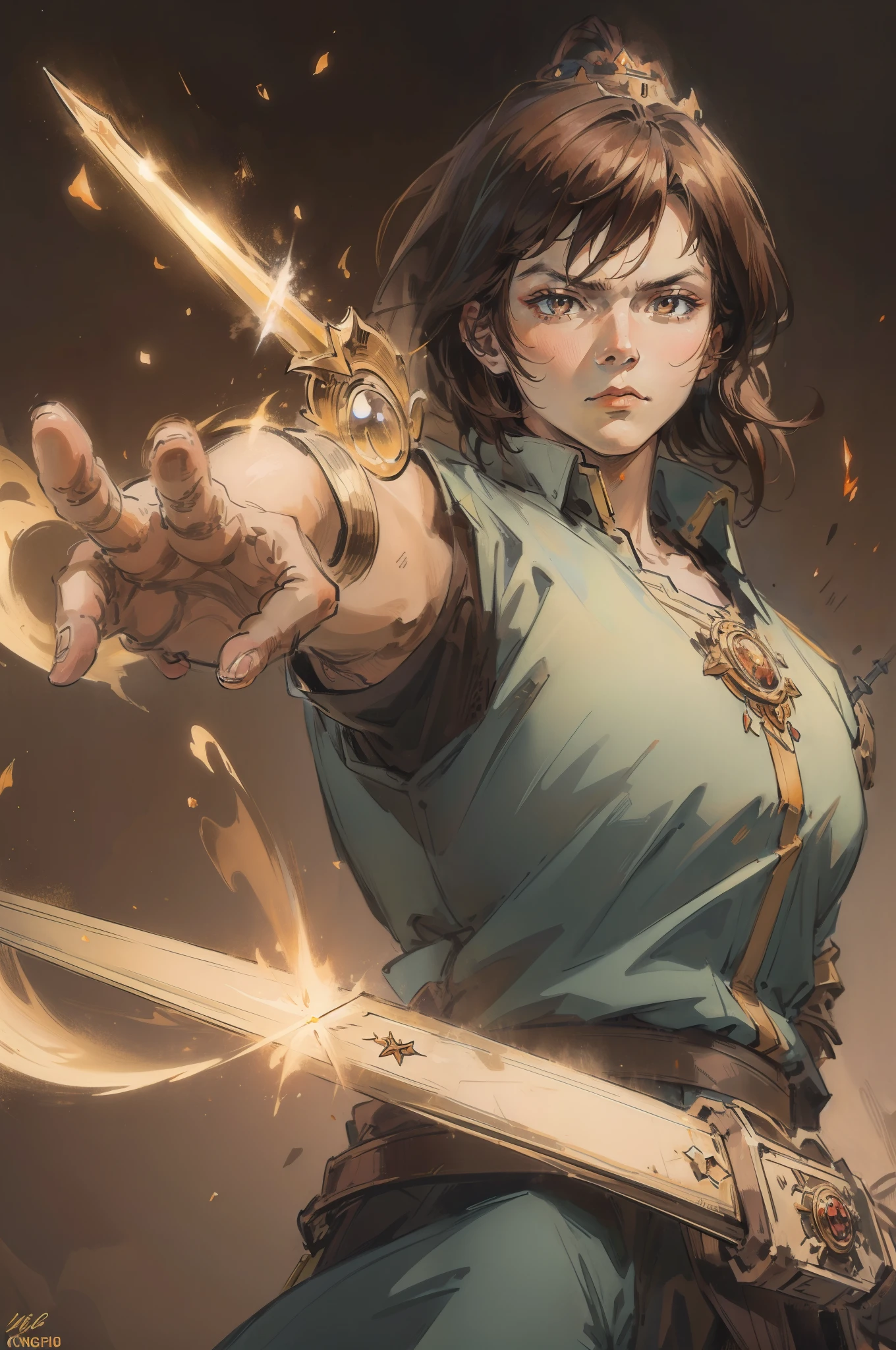 Crown prince, handsome, auburn hair, brown eyes, spear, magic, knight, hero, 8k, realistic, hd, high quality