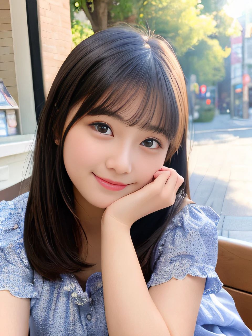1girl, black hair, (14 years old:1.3),
coffee shop, europe, (reading a book:1.7), (whole body:1.5), a somewhat long face,
(8k, RAW photo, best quality, masterpiece:1.2), High detail RAW color photo, professional photograph,(realistic, photo realistic:1.2), ((best quality)), bokeh, using reflectors, f/1.4, 50mm,
japanese girl, detailed beautiful face, finely detailed face, (bashful smile:1.2), fascinating smile, captivating smile, beautiful, extremely pretty, cute like a doll, female idol, round big eyes, small nostrils,
