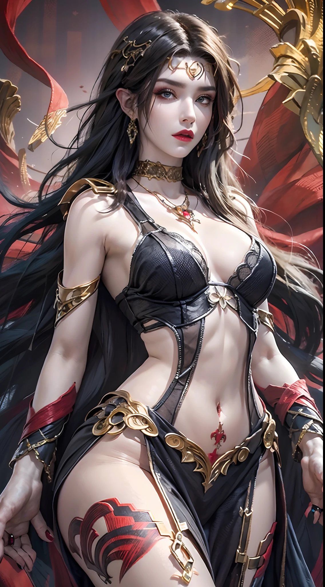 Photorealistic, high resolution, 1 woman, hips up, Beautiful eyes, Long hair, ringed eyes, jewelry, tattoo, medusa