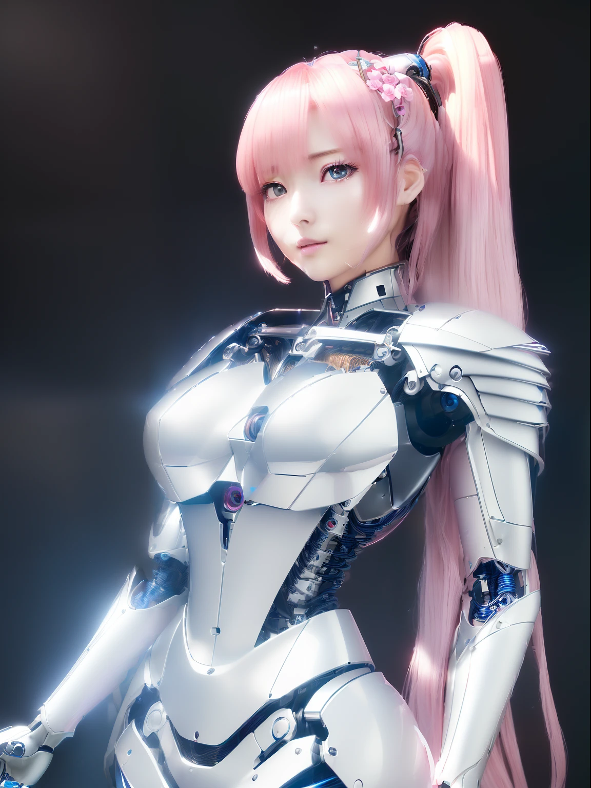 ((masutepiece)), ((top-quality), high quarity、ultra-definition, Realistic,  (Ultra-fine face)、fulcolor 、One beautiful robot woman、(Mechanical joints:1.1)、Parts of the machine、Thick wire joints、White porcelain mechanical armor、(Curvaceous face)、deadpan、Normal mouth、pink straight hair、((Electronic substrate))、Take photos from head to knee、Cyber City