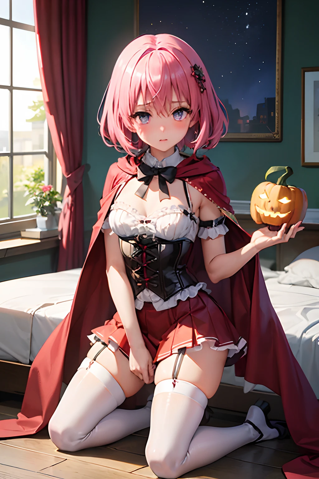 (top-quality:1.1), (masterpiece:1.4), (absurderes:1.0), portlate, a closeup,
1girl in、Momovelia Deviluk、hair adornments、bob cuts、Shorthair pink hair、a purple eye、Medium chest、((White blouses))、looking at the viewers、Bedroom、(red blush:1.2)、embarassed expression、(((white knee highs)))、black backgrounds、((corsets))、((Kneeling))、long boots、Pumpkin Lantern、fullmoon、(a miniskirt)、(red robes)、((red hood))、((Red panties))、((Show underwear))