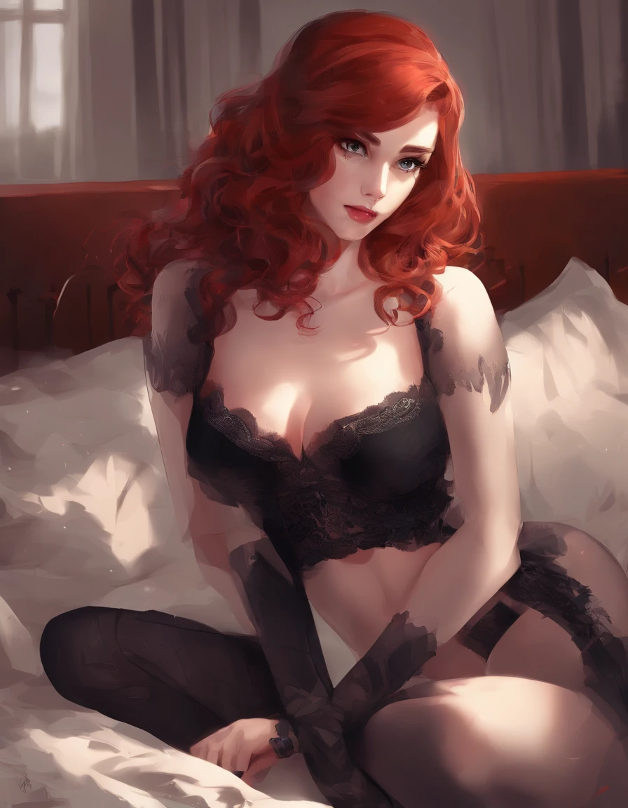 redhead,sexy black lingerie,stockings,bedroom,beautiful detailed eyes,beautiful detailed lips,extremely detailed eyes and face,longeyelashes,(best quality,4k,8k,highres,masterpiece:1.2),ultra-detailed,(realistic,photorealistic,photo-realistic:1.37),studio lighting,physically-based rendering,professional,vivid colors,portraits,red and black color scheme,soft lighting