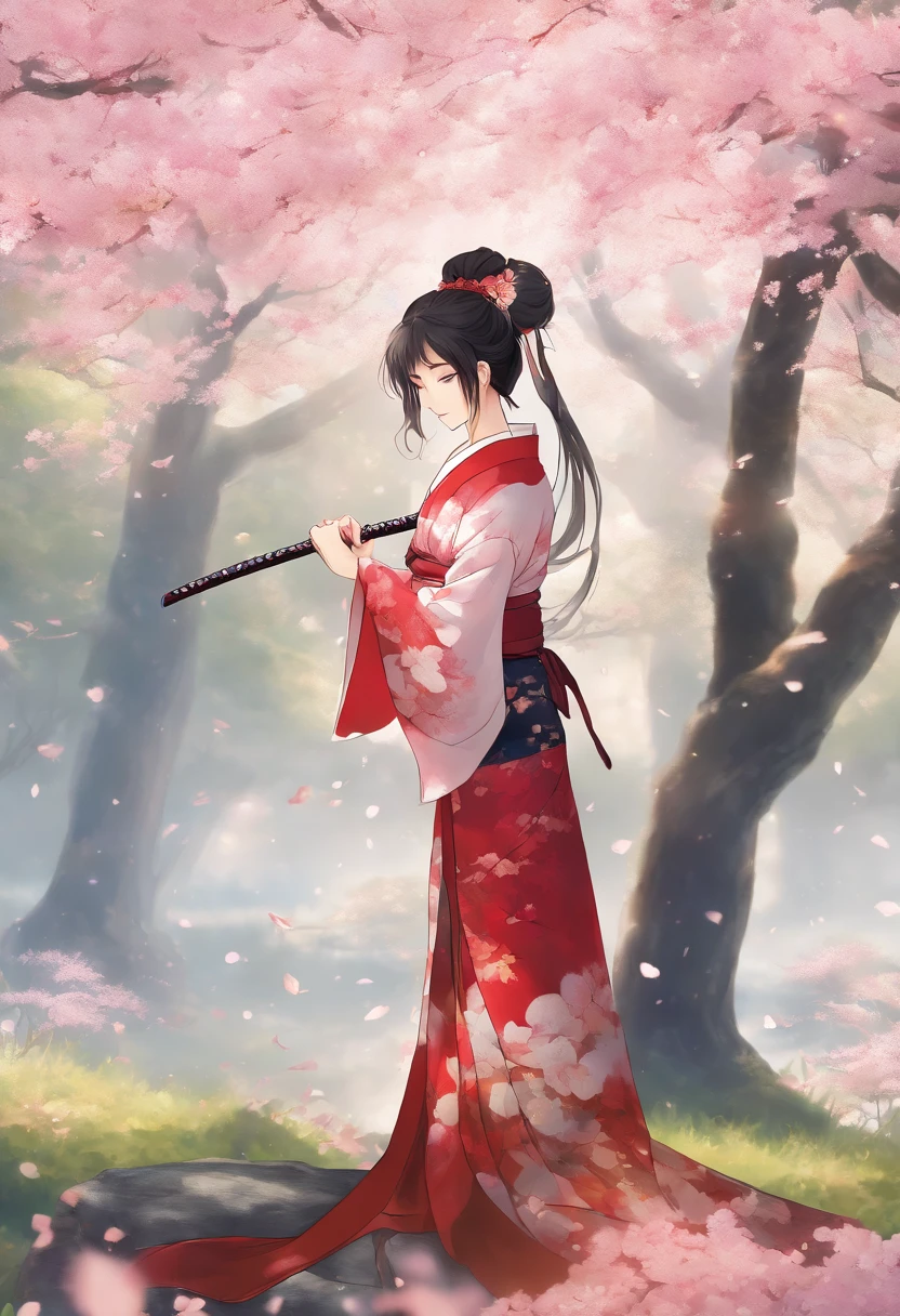 (best quality,4k,8k,highres,masterpiece:1.2),ultra-detailed,(realistic,photorealistic,photo-realistic:1.37),Yae Miko character,captivating,dark hair,(long,flowing,black) hair,wearing a (traditional kimono,kimono with intricate patterns),beautiful detailed eyes,red eyes,golden colored eyes,slender figure,regal aura,standing in a (lush,serene)sakura garden with blooming cherry blossom trees,soft sunlight filtering through the branches,falling cherry blossom petals creating a dreamy atmosphere,holding a (glowing,shimmering) katana with intricate hilt,emitting an ethereal glow,performing elegant swordsmanship skills,showcasing grace and precision,background depicting a Japanese landscape with mountains and mist,subtle watercolor effects for a traditional touch,vibrant colors emphasizing the beauty of nature.