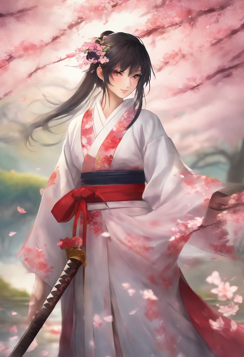 (best quality,4k,8k,highres,masterpiece:1.2),ultra-detailed,(realistic,photorealistic,photo-realistic:1.37),Yae Miko character,captivating,dark hair,(long,flowing,black) hair,wearing a (traditional kimono,kimono with intricate patterns),beautiful detailed eyes,red eyes,golden colored eyes,slender figure,regal aura,standing in a (lush,serene)sakura garden with blooming cherry blossom trees,soft sunlight filtering through the branches,falling cherry blossom petals creating a dreamy atmosphere,holding a (glowing,shimmering) katana with intricate hilt,emitting an ethereal glow,performing elegant swordsmanship skills,showcasing grace and precision,background depicting a Japanese landscape with mountains and mist,subtle watercolor effects for a traditional touch,vibrant colors emphasizing the beauty of nature.