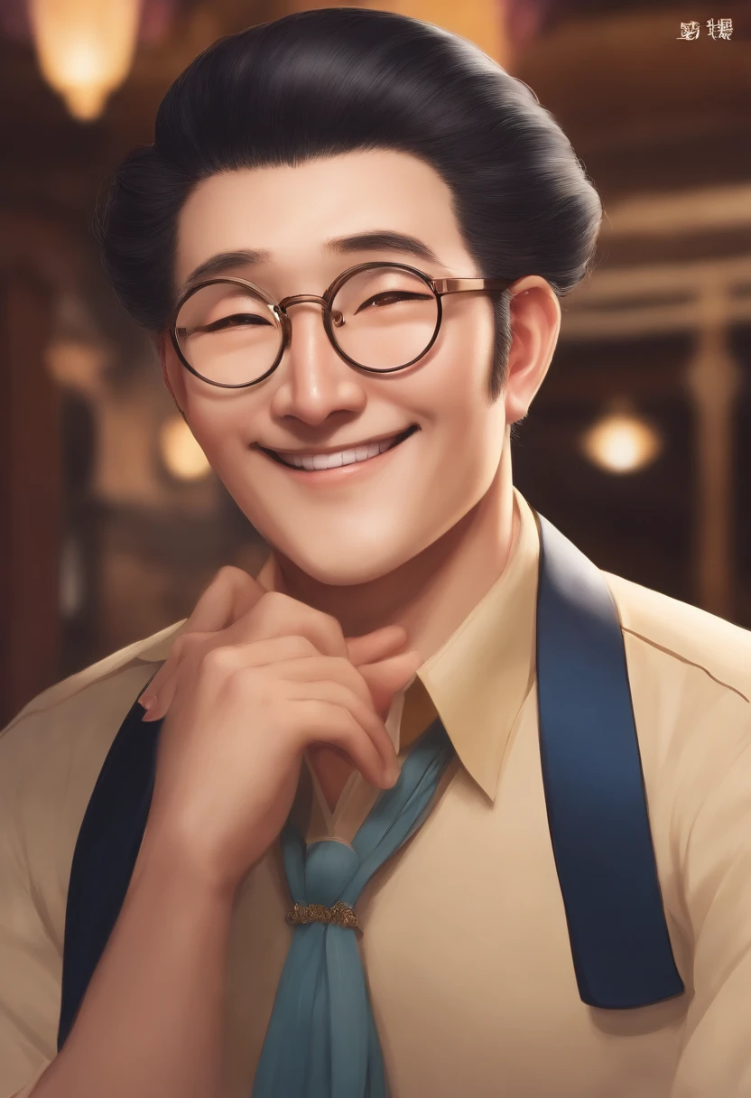 Plump uncle with big round glasses without cartoonish hair　Charming６０generation　no hair at all　I'm smiling　Maruboshi　japanes