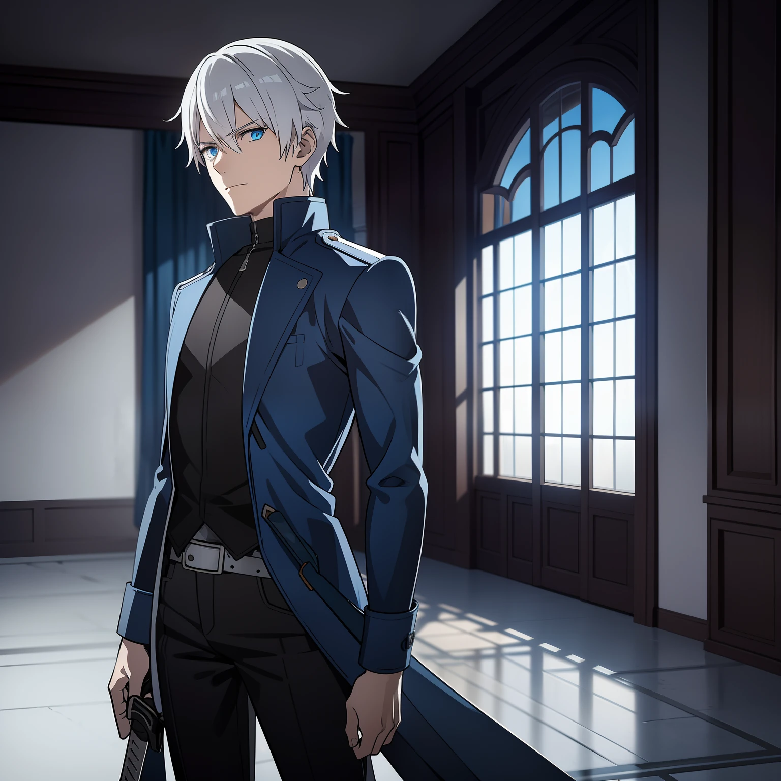 "a man with white hair and blue eyes, wearing a blue leather jacket and black jeans, holding a straight sword in his right hand. He stands in a deserted room with a sunset shining through the windows. The room is empty, with a calm and neutral atmosphere."