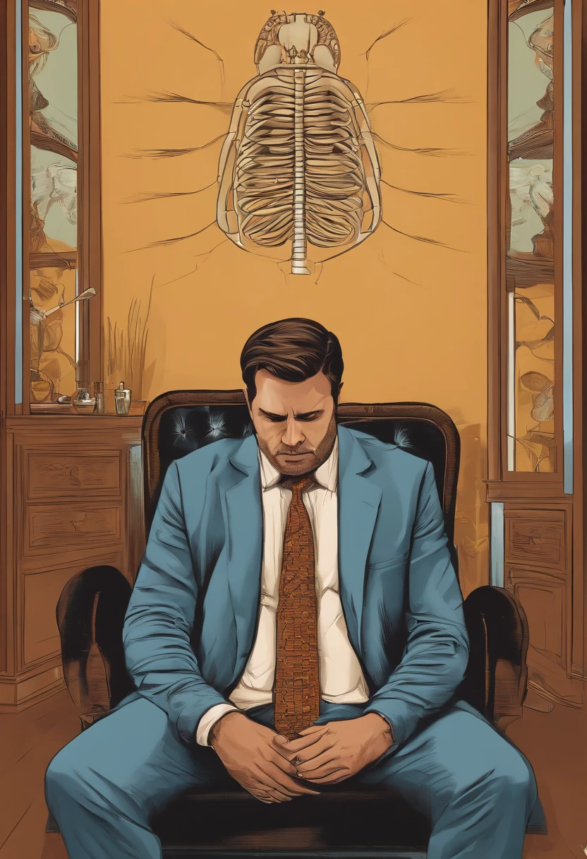 Imagen de una persona sentada en una silla, frente a un escritorio. The person has an expression of worry and tension on the face. On the wall behind the person is a diagram showing different factors that can cause anxiety., as genetic factors, ambientales, psychological and biological.