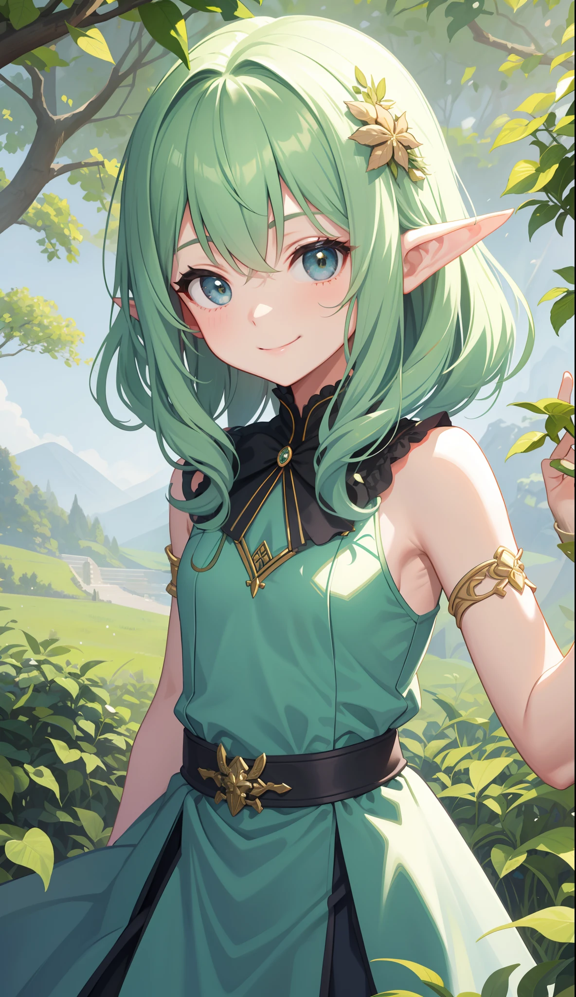 1girl in、AS-Adult、A smile、elvish、Forester、(small tits)Upper body portrait、