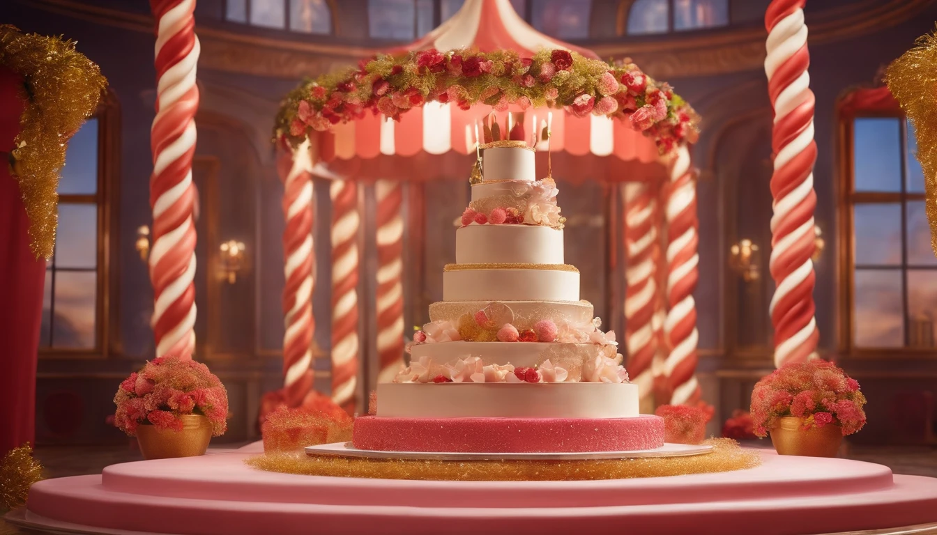 Commercial shooting, Giant cake, Big cake, poster for, Fresh style background, elegant, Booth lighting, Attractive, photorealistic colors, Ultra HD