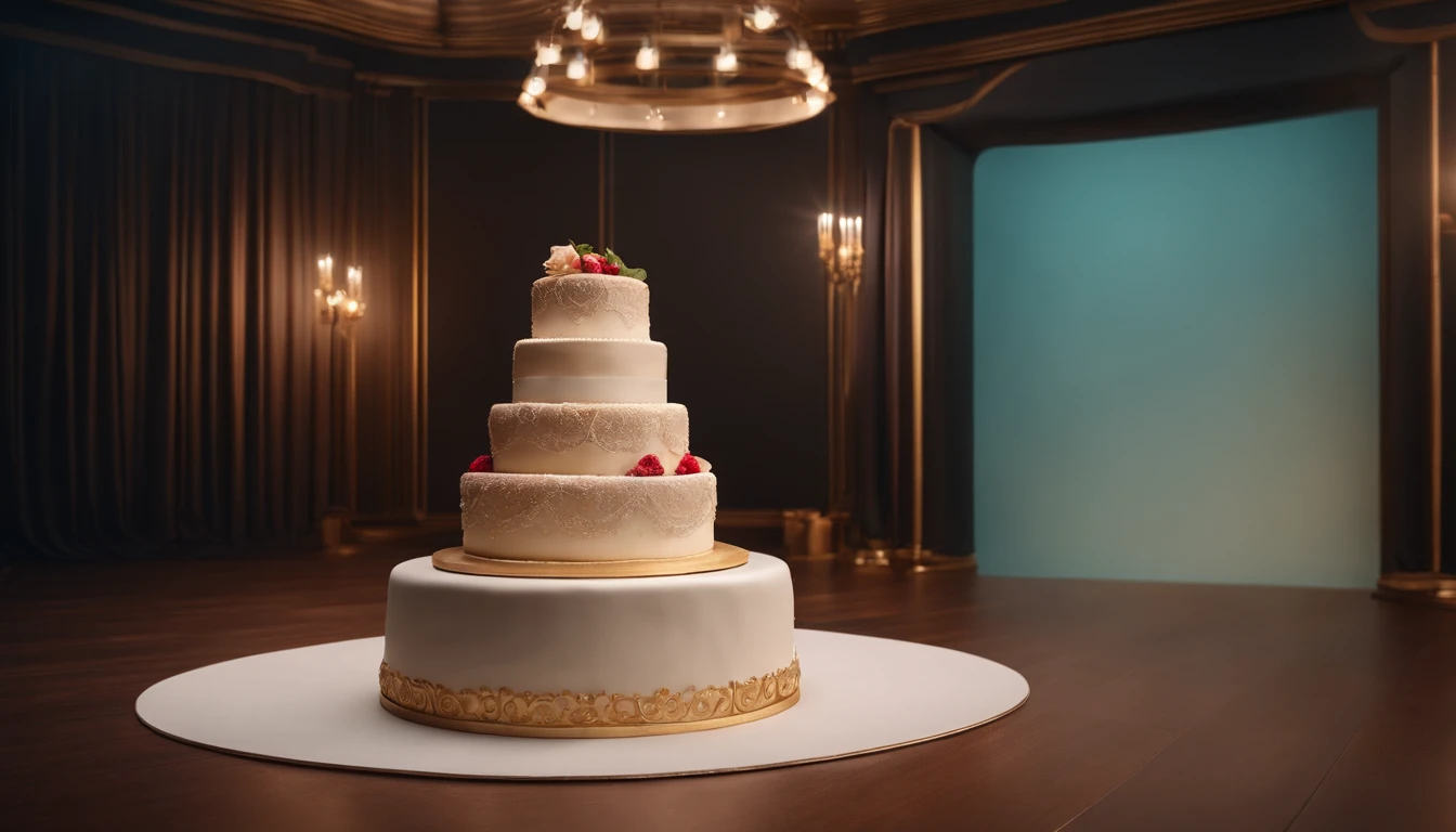 Commercial shooting, Giant cake, Big cake, poster for, Fresh style background, elegant, Booth lighting, Attractive, photorealistic colors, Ultra HD