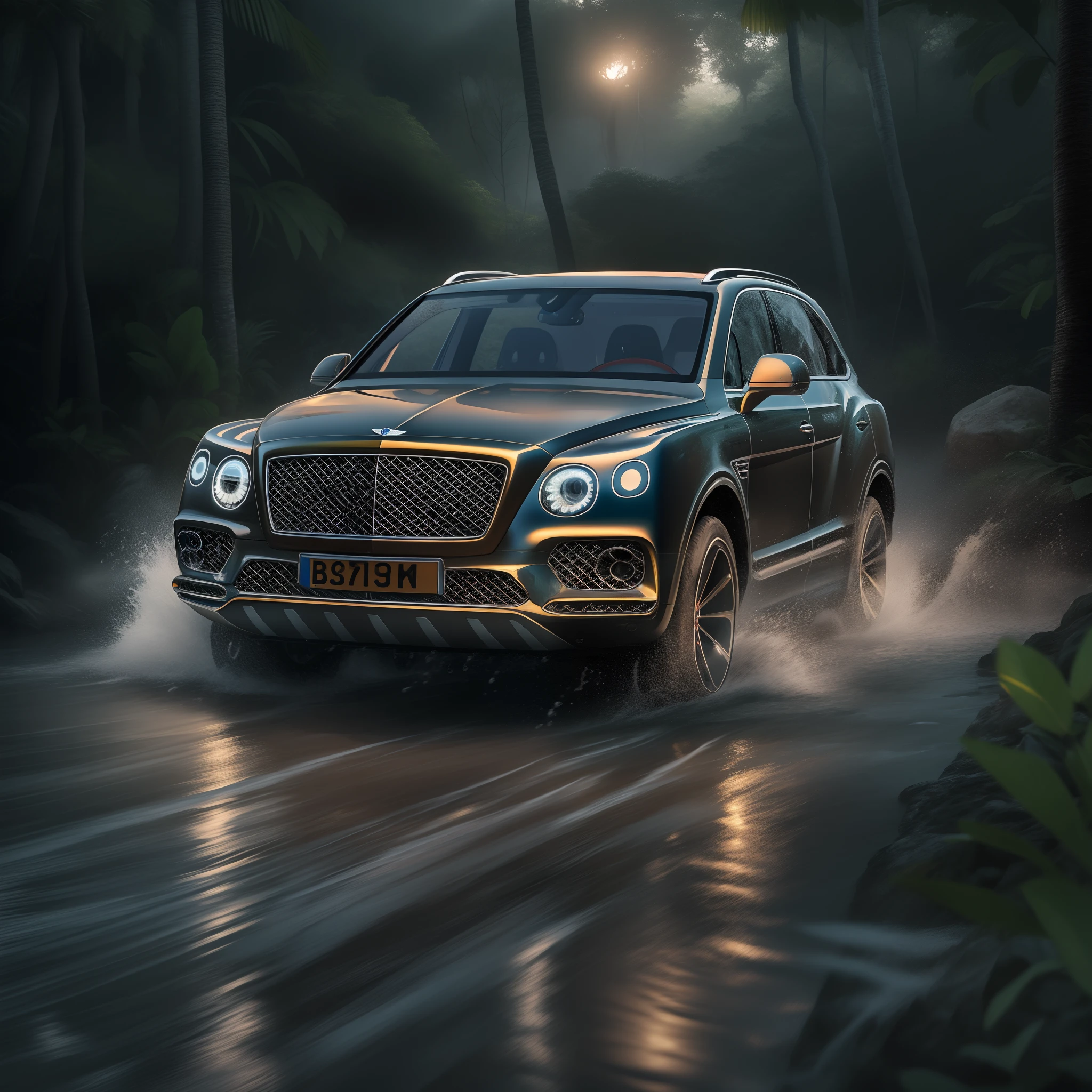 A cinematic photorealistic color digital drawing of Bentley Bentayga rushing and splashing at night in the Borneo Tropical Jungle, extreme modified and styled by Kahn Design, insanely detailed and intricate, crisp sharp and clear, volumetric lighting, ultra-high resolution, masterpiece hyper realistic artwork Frank Bellamy, centered, Professional color grading by Kenneth Hines Jr.