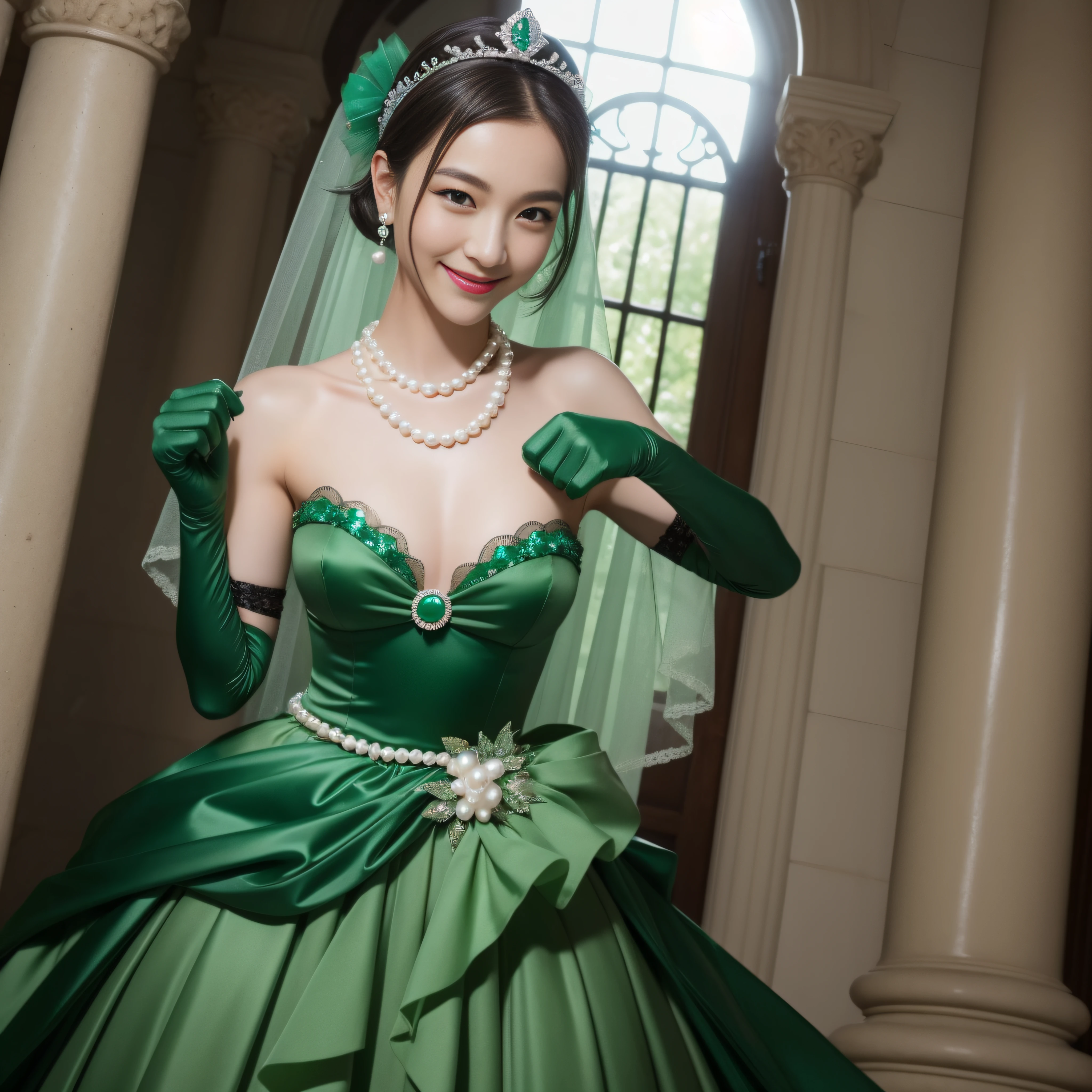 boyish very short hair, lipsticks,A smile, emerald tiara, Pearl Necklace, A Japanese Lady