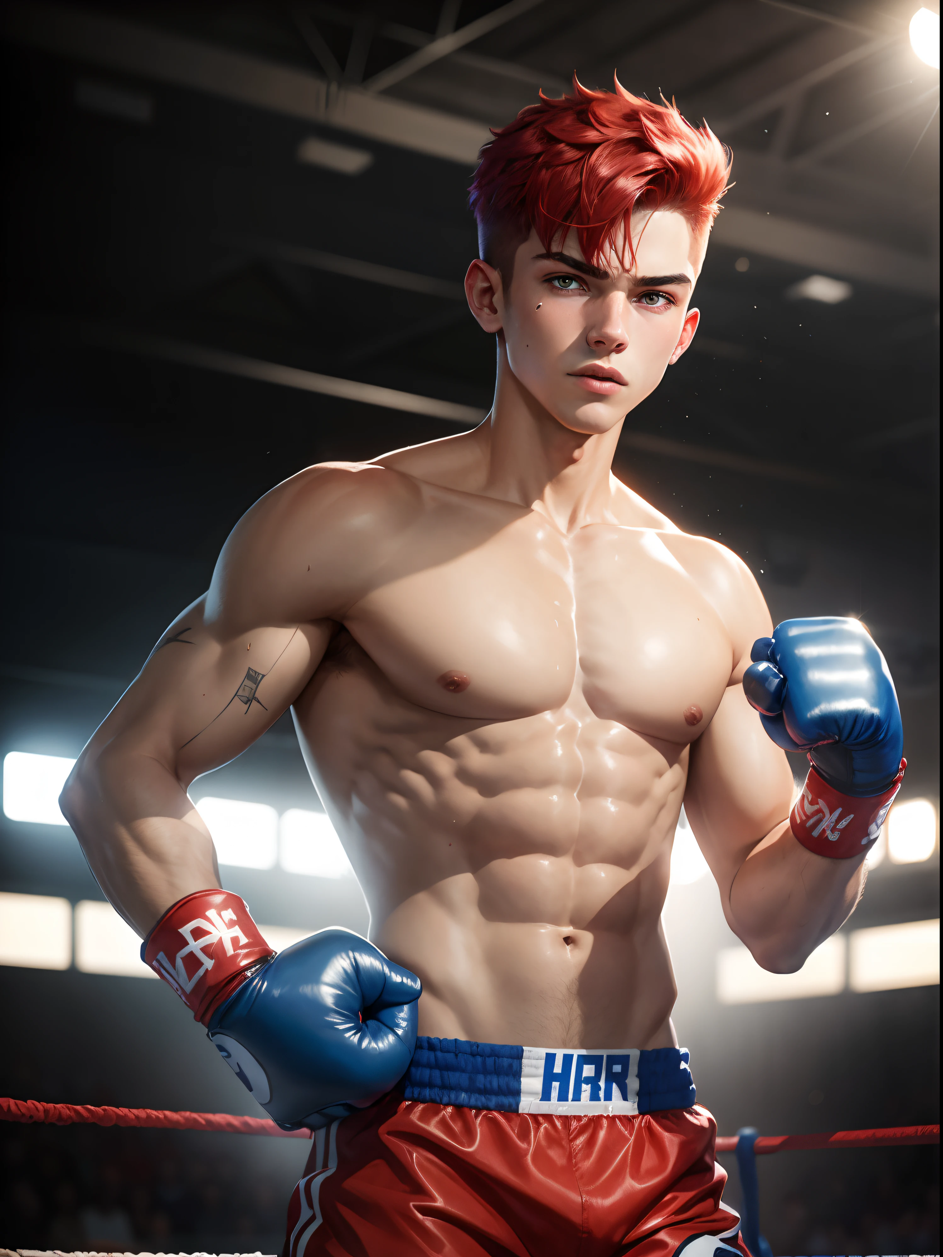 Teenage boy, handsome, with blue and red hair, boxer, in the ring