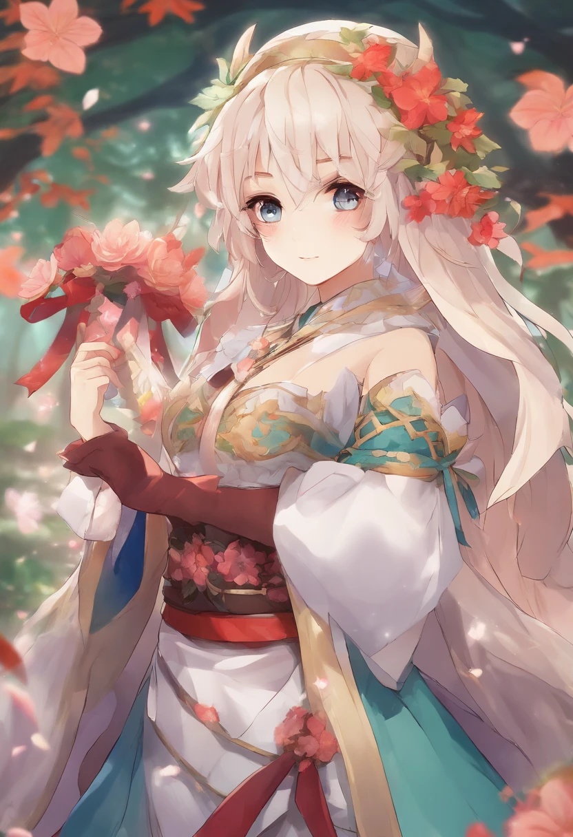 Woman, Standing On Bamboo tree, holding flower, beautiful face, perfect face, long hair, pink nails, beautiful eyes, masterpiece, best quality, fix hands