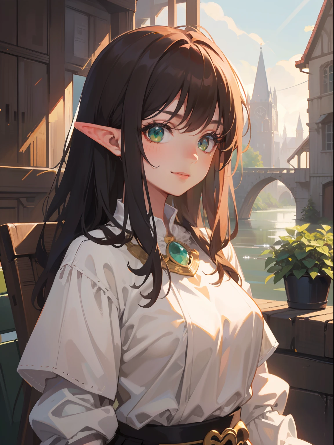 (masterpiece), (best quality), ultra high res, cold pastel tone, upper body, dutch shot, (from ground), lens flare, (medieval theme:1.2), ((1 mature woman, solo)), very stunning and gorgeous mature woman, beautiful detailed hair, chestnut brown hair, smooth long hair, beautiful detailed face, perfect beautiful face, (elf ears), ((beautiful shape eyes, green eyes)), look at the viewer, smirk, comfortable face, standing in the medieval city, (at the beautiful morning time:1.2), is in sexy armor