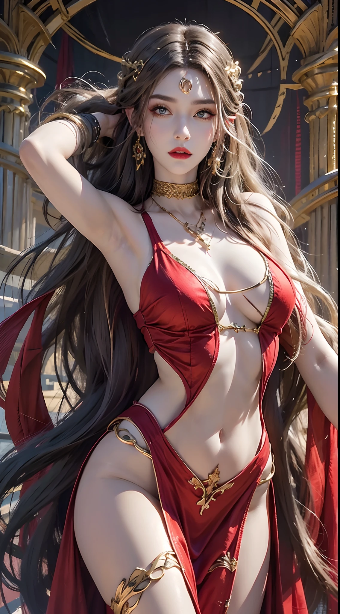 Photorealistic, high resolution, 1 woman, hips up, Beautiful eyes, Long hair, ringed eyes, jewelry, medusa, red dress