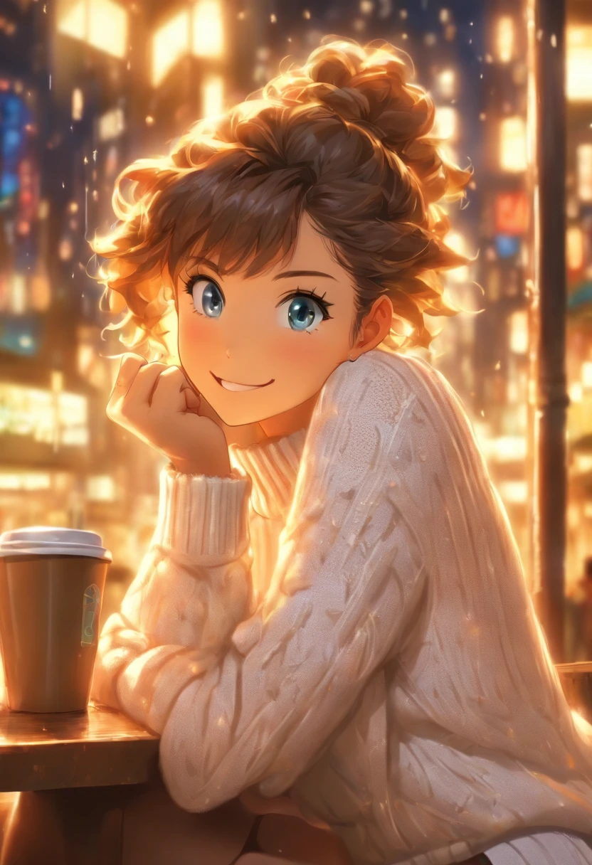 A beautiful and detailed portrait, happy, blue eyes, short brown hair, (white warm sweater:1.5), (tight skirt:1.5), sitting at a booth, (very fat:1.5), cityscape, inside, window, coffee shop, solo, bare shoulder, table, sitting across, point of view, cofee mug, night time, rain, raindrops on window, blushing