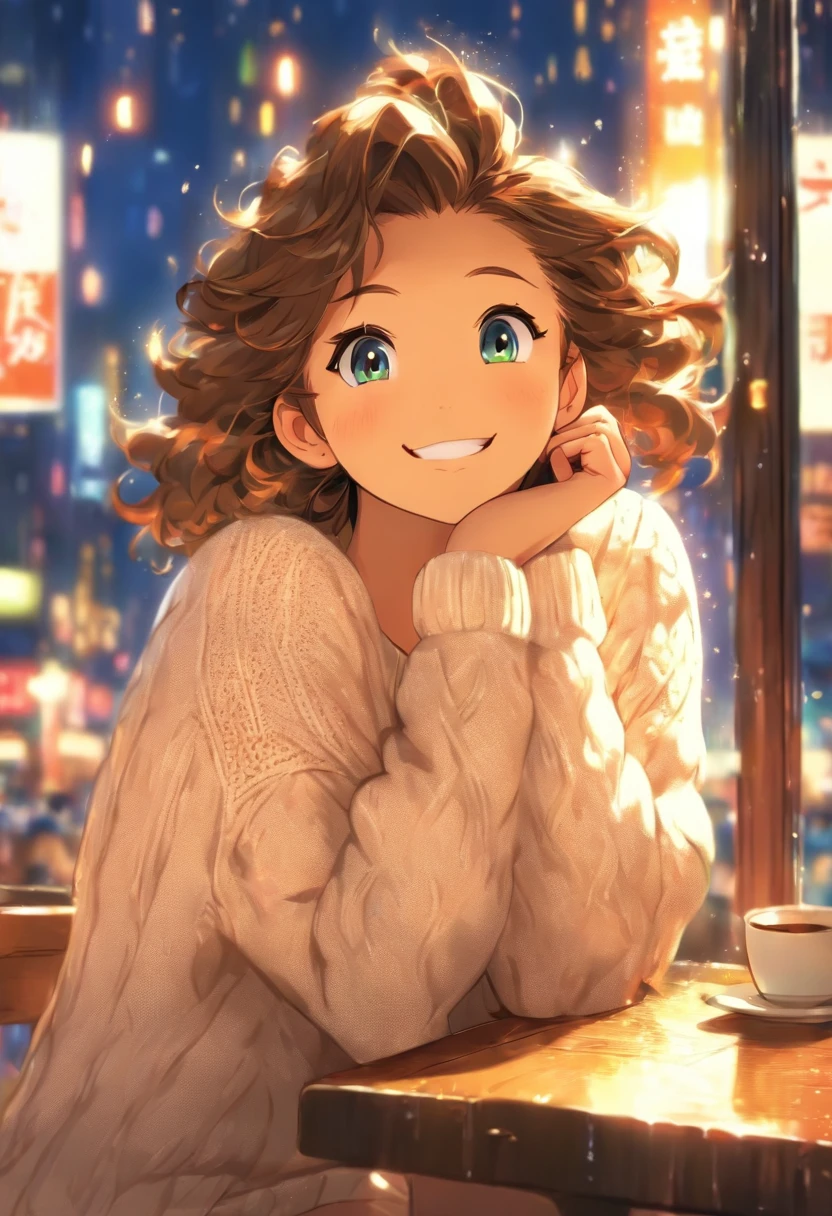 A beautiful and detailed portrait, happy, blue eyes, short brown hair, (white warm sweater:1.5), (tight skirt:1.5), sitting at a booth, (very fat:1.5), cityscape, inside, window, coffee shop, solo, bare shoulder, table, sitting across, point of view, cofee mug, night time, rain, raindrops on window, blushing