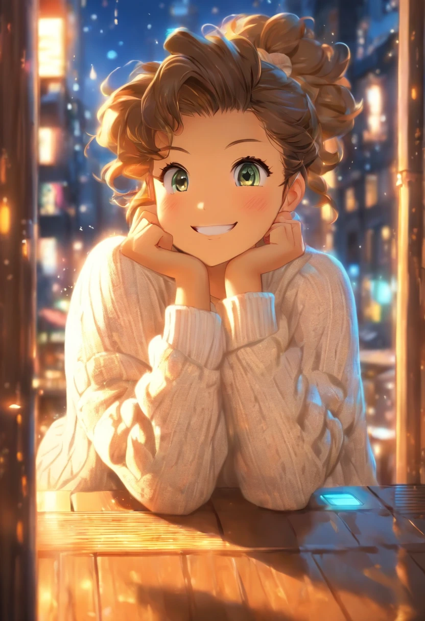 A beautiful and detailed portrait, happy, blue eyes, short brown hair, (white warm sweater:1.5), (tight skirt:1.5), sitting at a booth, (very fat:1.5), cityscape, inside, window, coffee shop, solo, bare shoulder, table, sitting across, point of view, cofee mug, night time, rain, raindrops on window, blushing