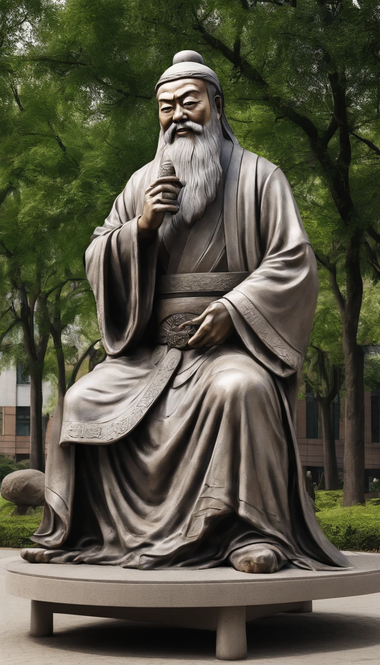Huge sculpture on the school playground，Chinese statue of Confucius lectures to students，High contrast between light and shadow, professional photoshooting, List of Utria, Amount of light, cinematic ligh