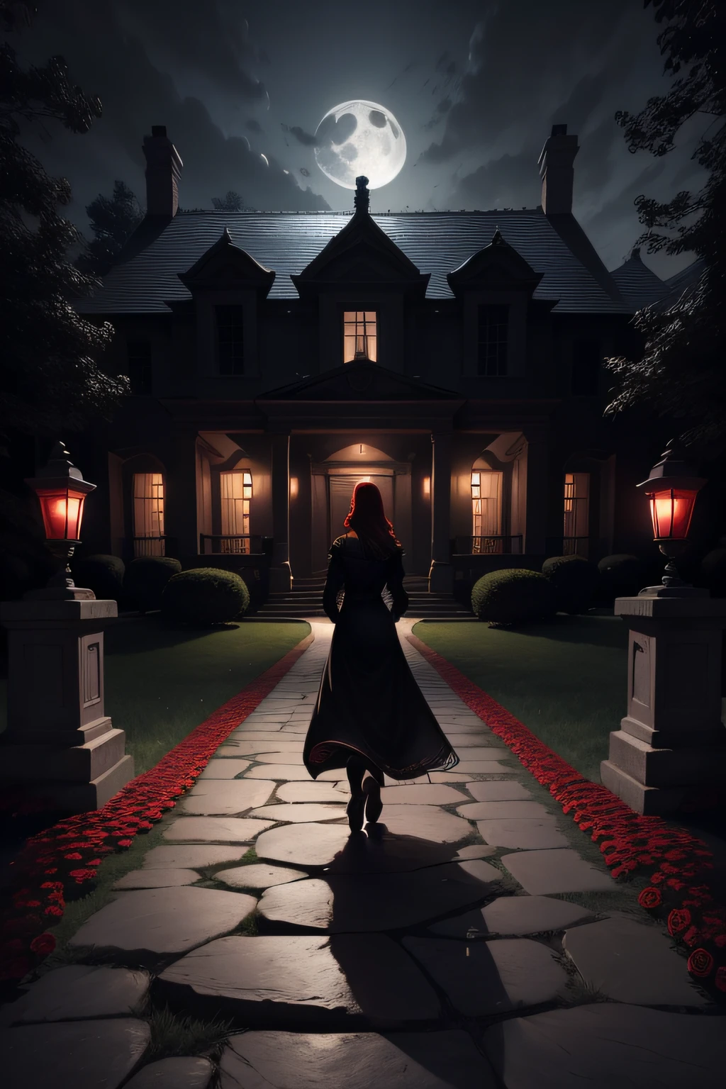 dark dark mansion with lights out full moon night with stone path and red roses planted around the stones to the entrance of the mansion,  Woman heading towards the front door